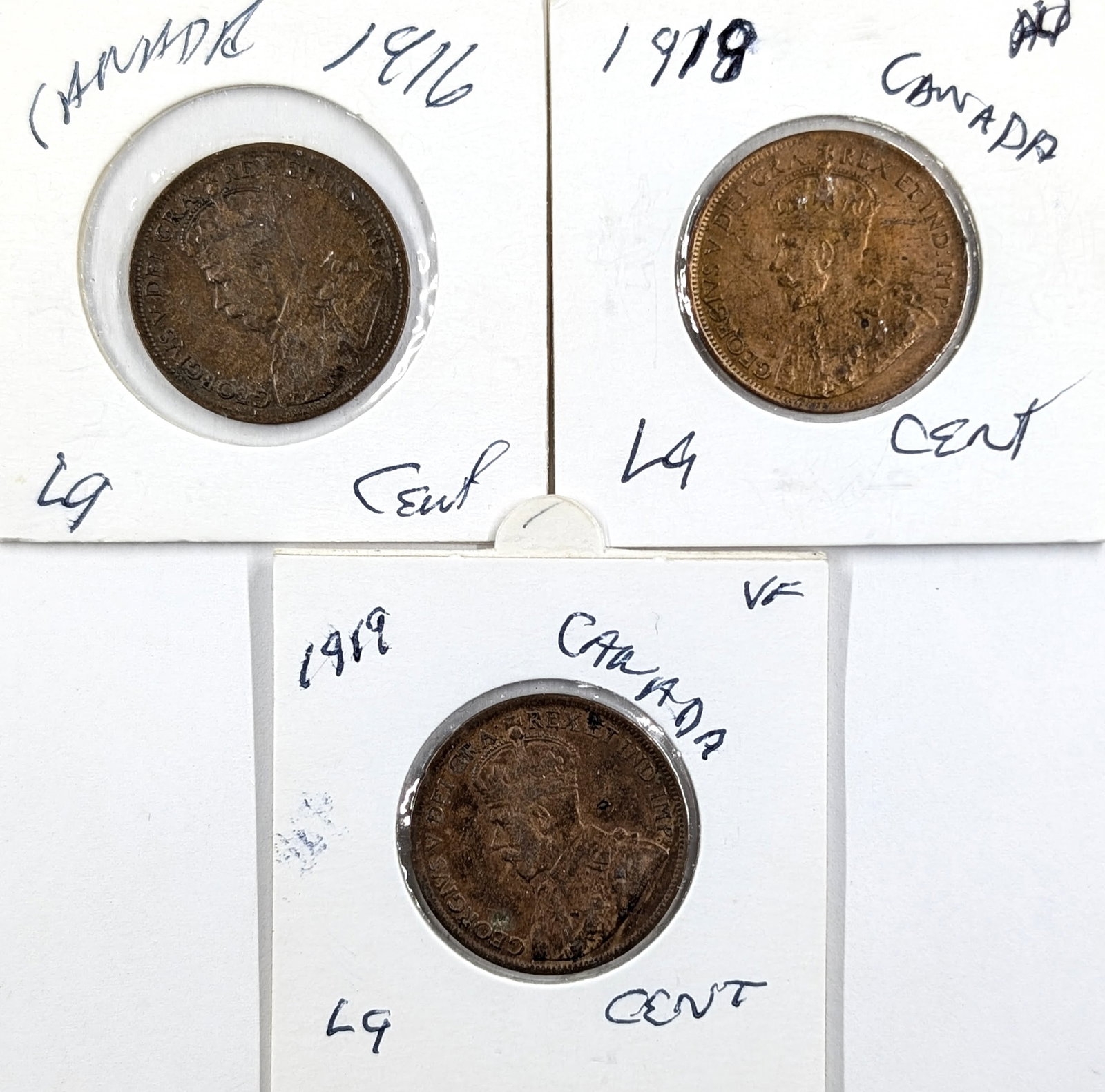 Lot of 3 Canadian Large Cents- 1916, 1919,1919: Coin