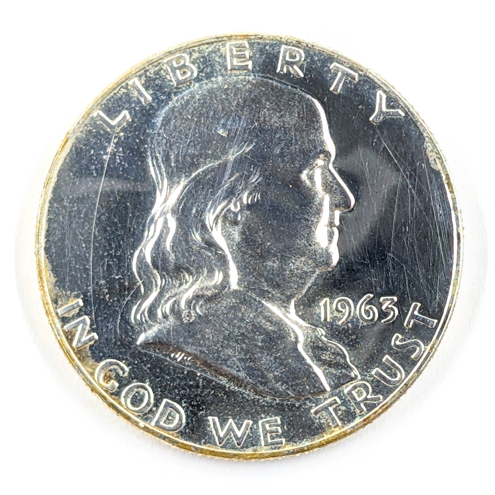 1963 Silver Franklin Half Dollar- Proof, Toning on Rim: Silver