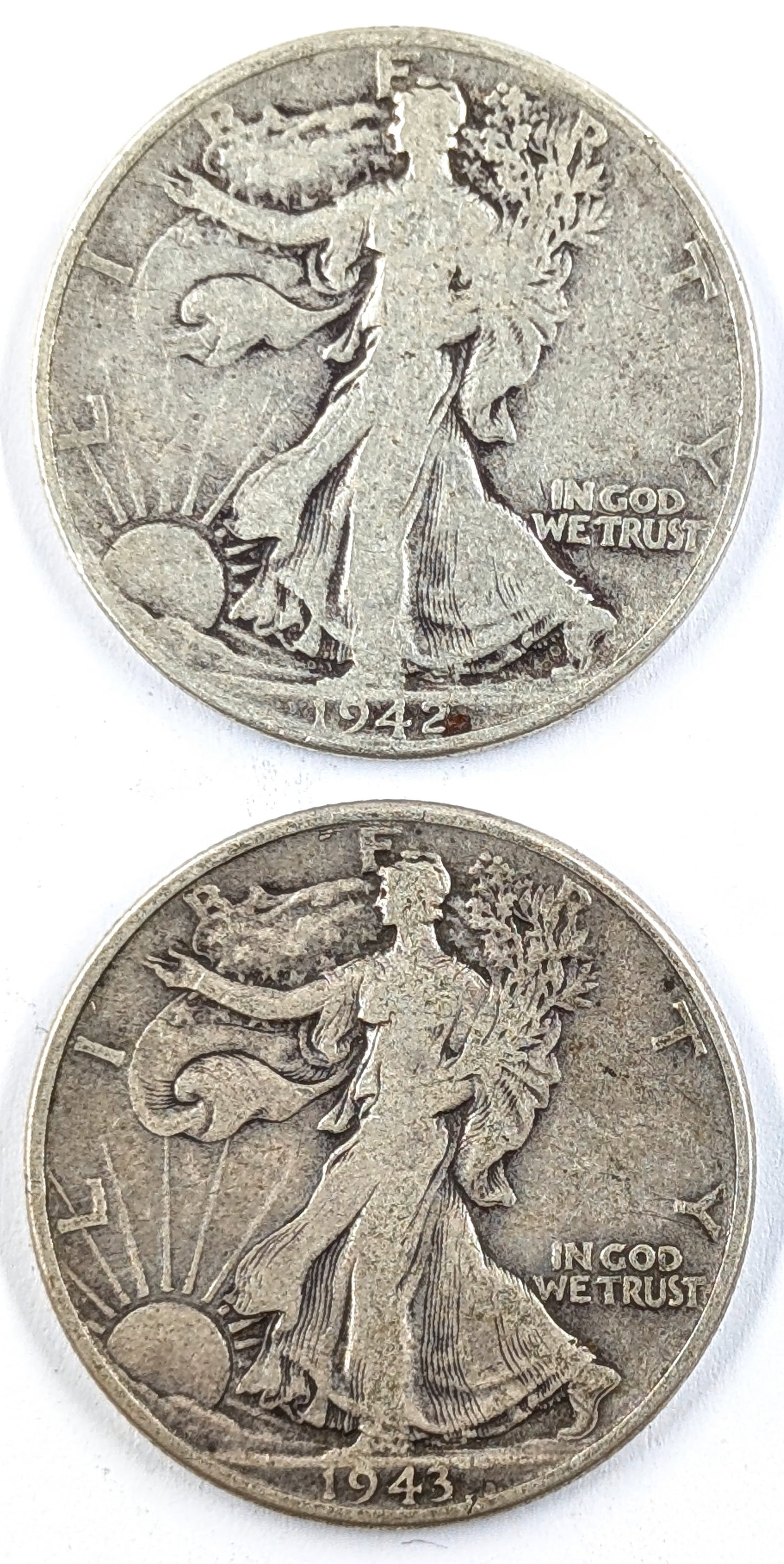 Lot of 2 Silver Walking Liberty Half Dollars- 1942, 1943: Silver