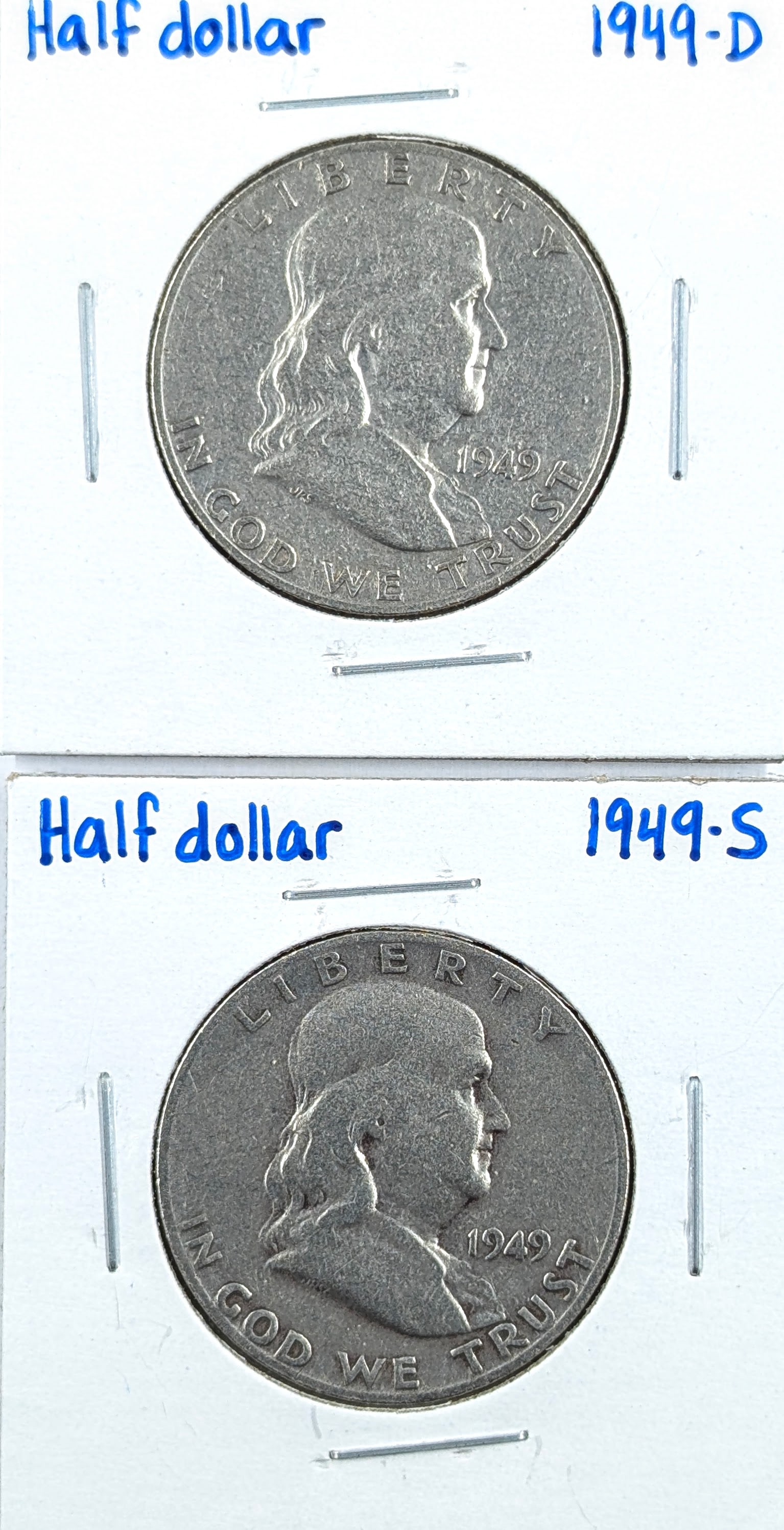 Lot of 2 Silver Franklin Half Dollars- 1949 D/S: Silver