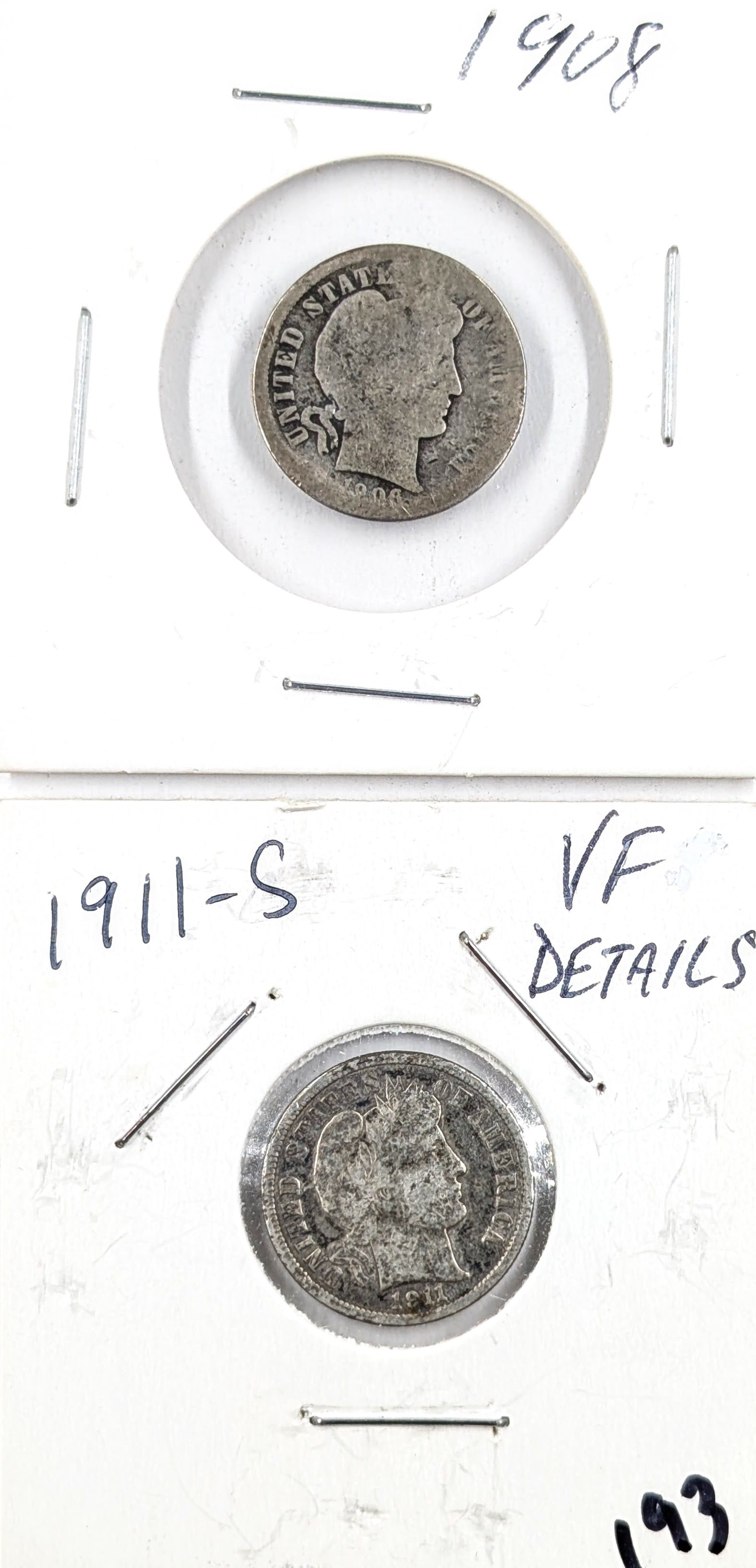 Lot of 2 Silver Barber Dimes- 1908, 1911-S (1 of 2)