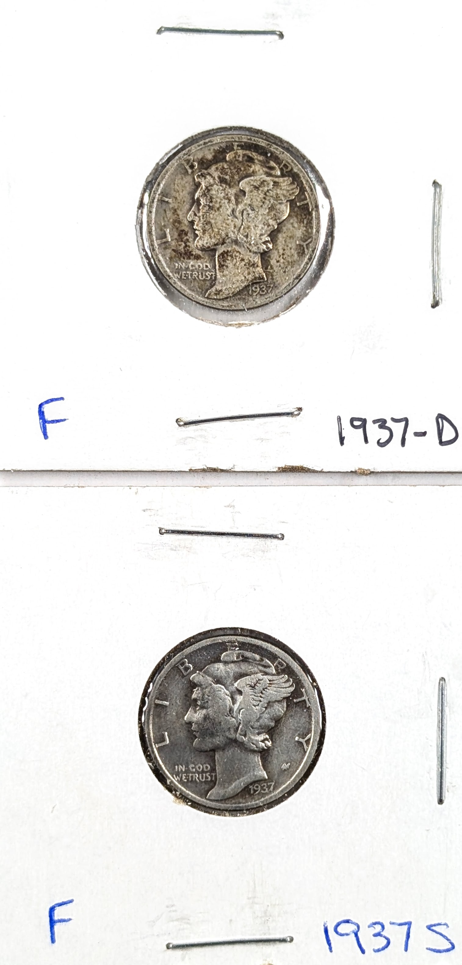 Lot of 2 Silver Mercury Dimes- 1937 D/S: Silver