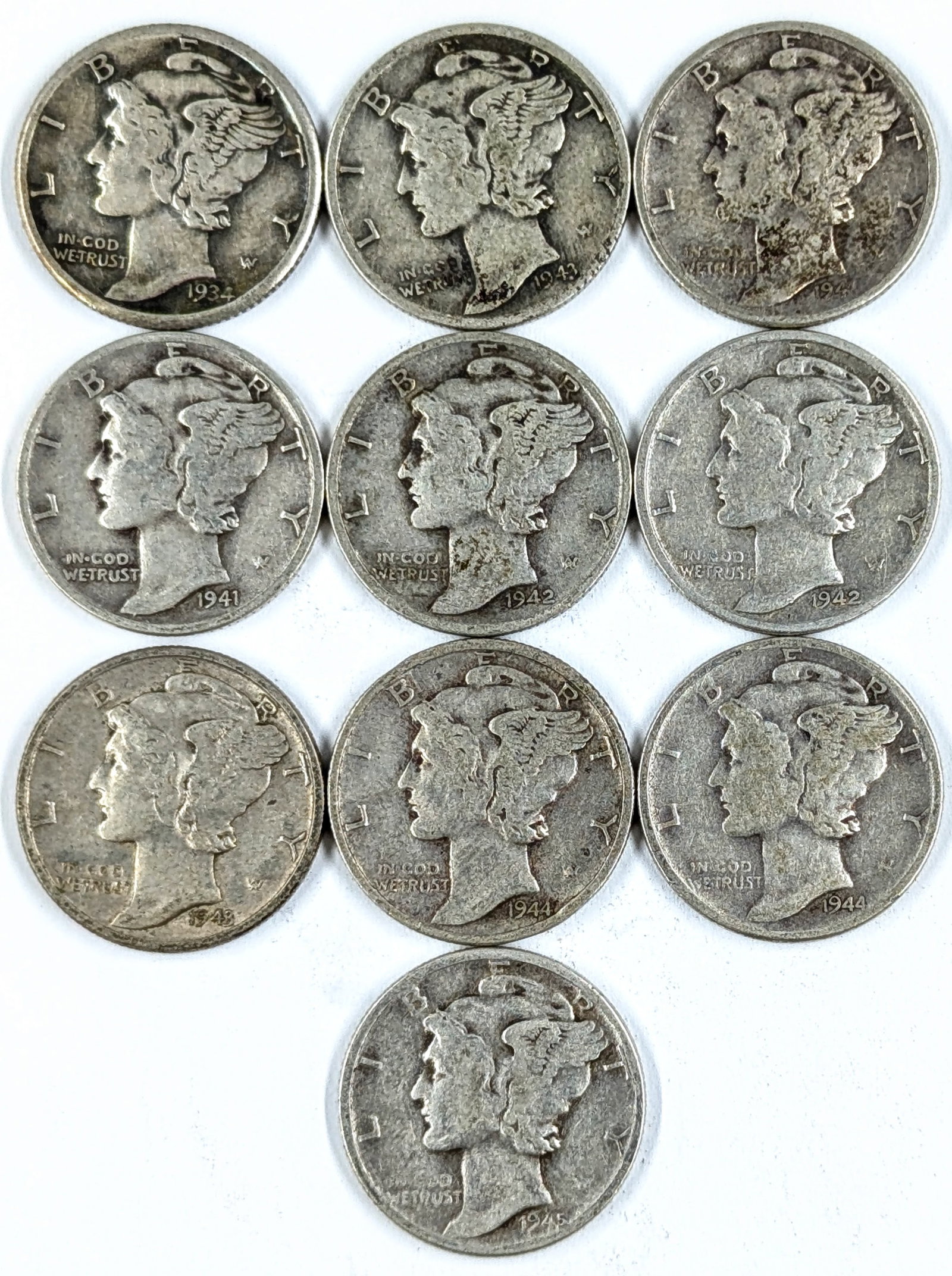 Lot of 10 Silver Mercury Dimes- 1934-1945 (1 of 2)