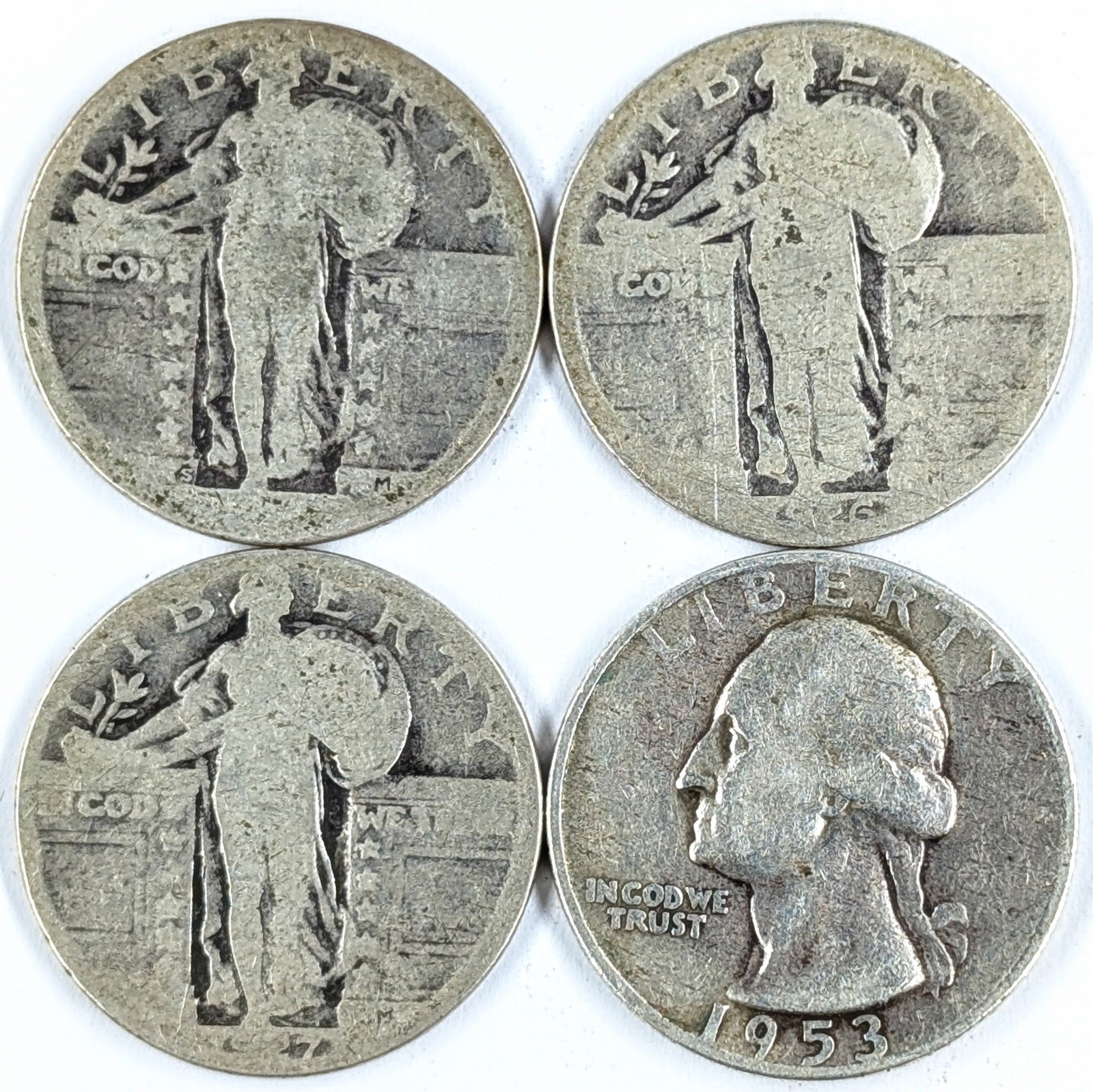 Lot of 3 Silver Quarters- No Date, 1926, 1927 Standing, 1953 Washington: Silver