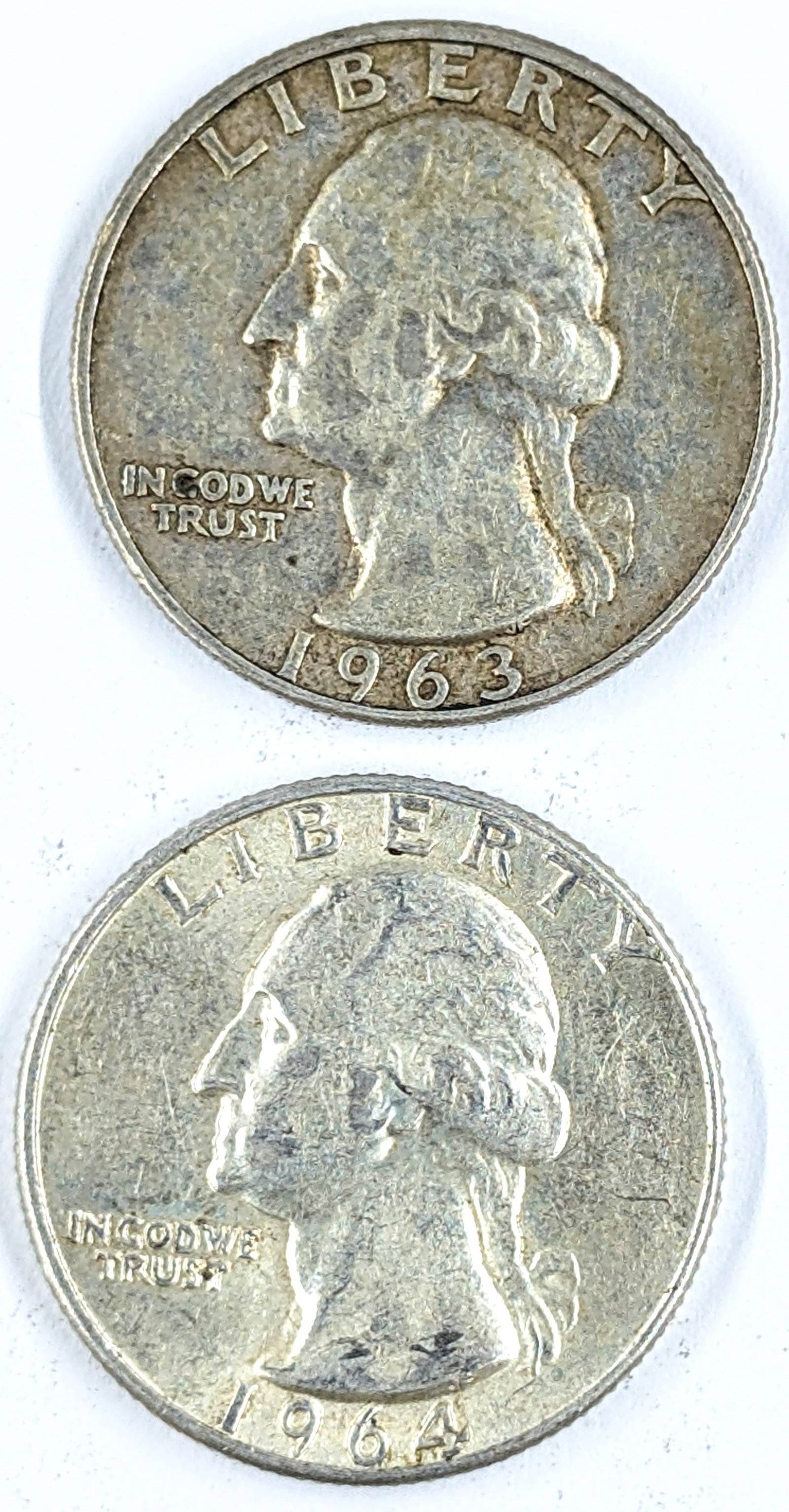 Lot of 2 Silver Washington Quarters- 1963-D, 1964: Silver