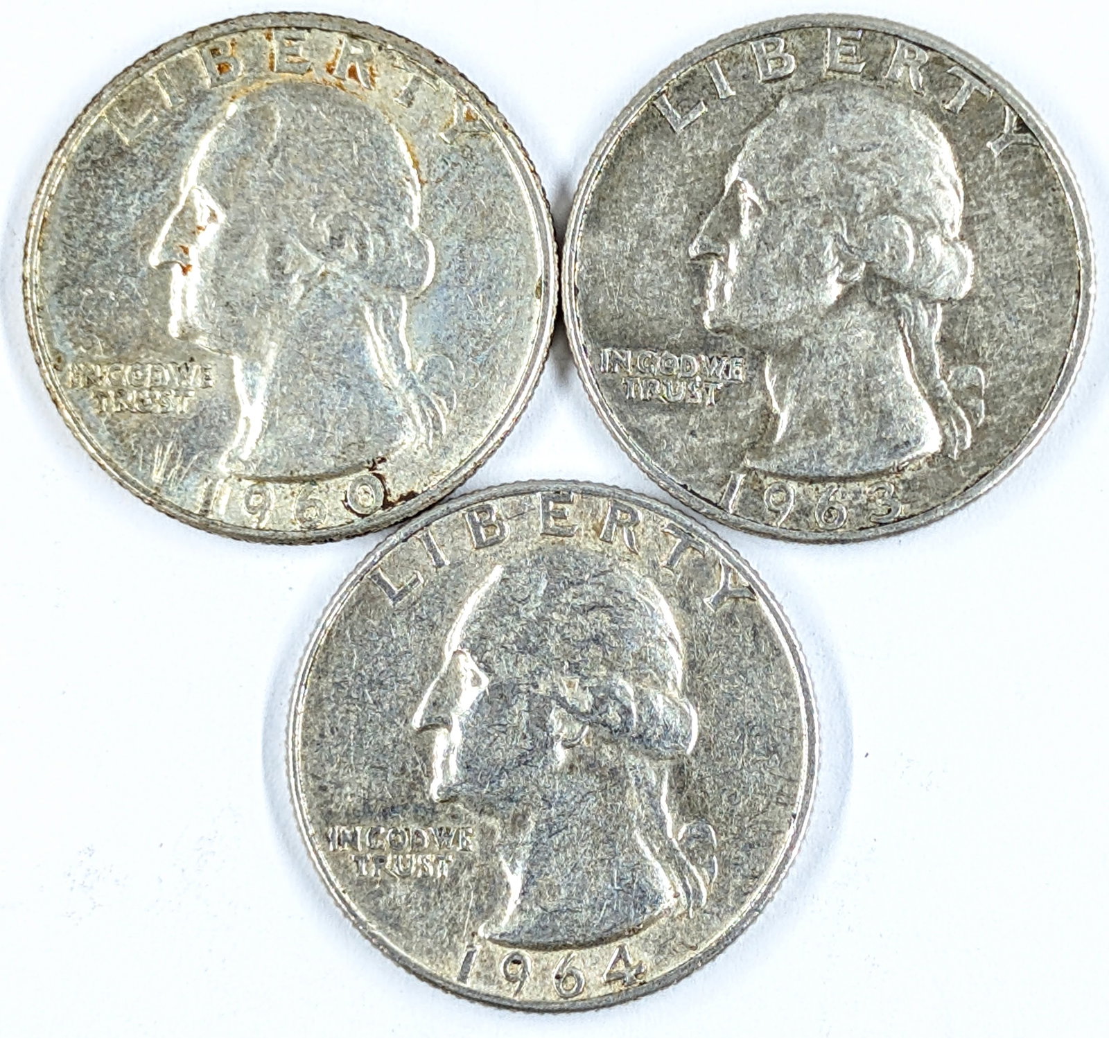 Lot of 3 Silver Washington Quarters- 1960, 1963-D, 1964-D: Silver