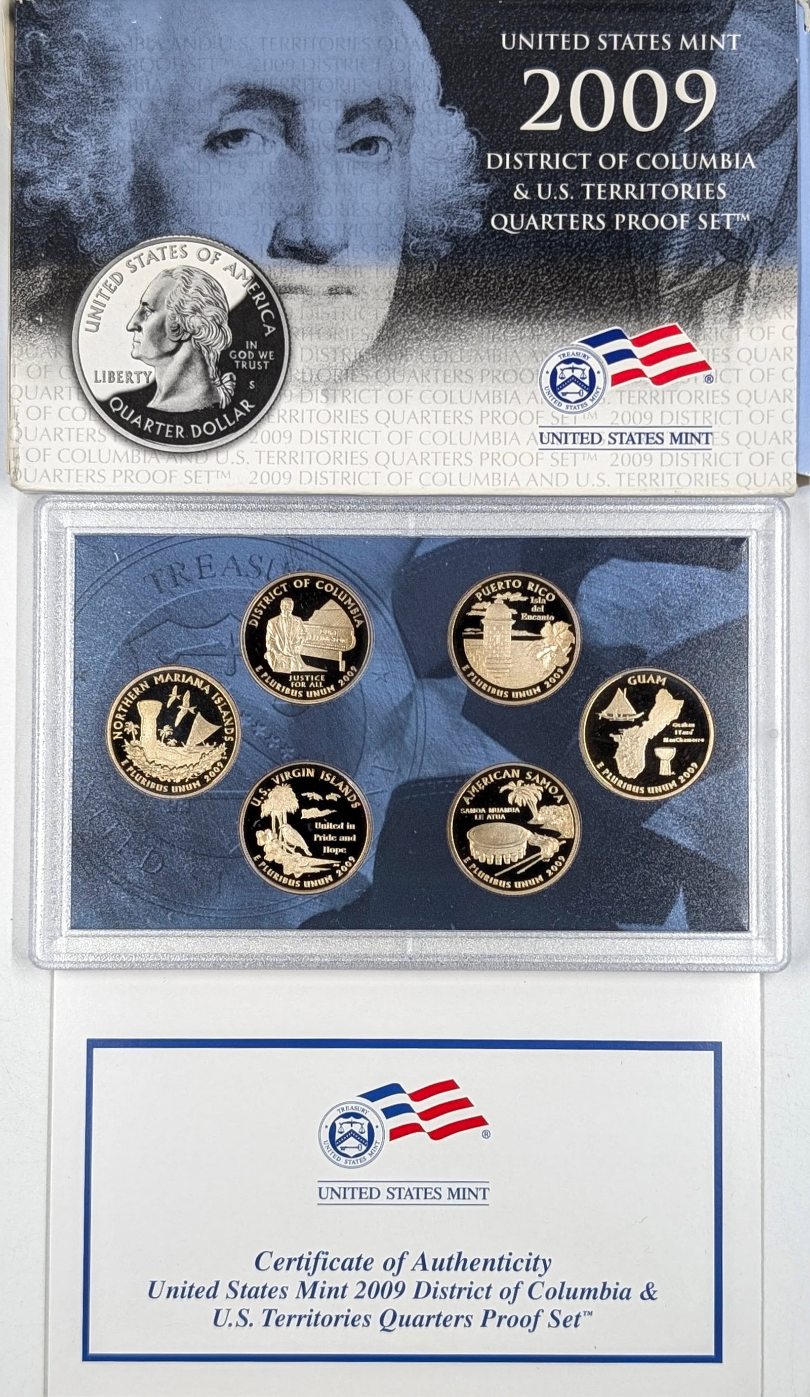 2009 US Mint District of Columbia & US Territories Quarter Proof Set: Northern Mariana Island, District of Columbia, US Virgin Islands Puerto Rico, Guam, American Samoa