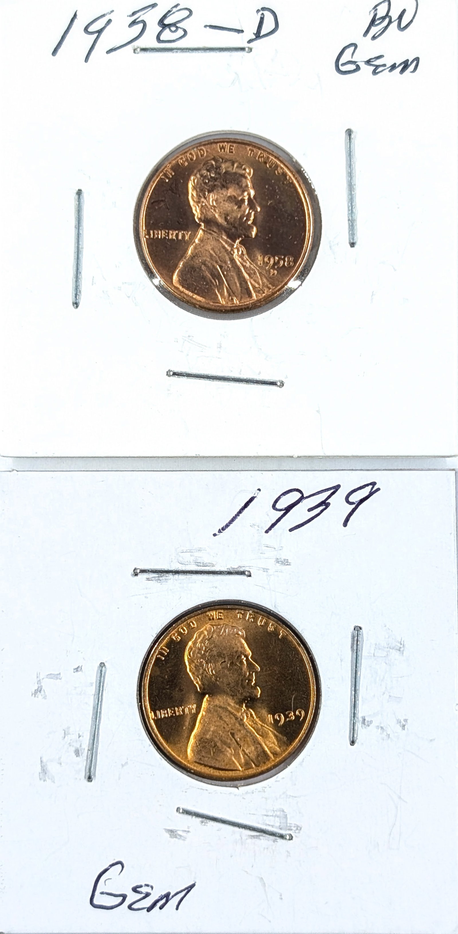 Lot of 2 Uncirculated Wheat Cents- 1938-D, 1939: Coin