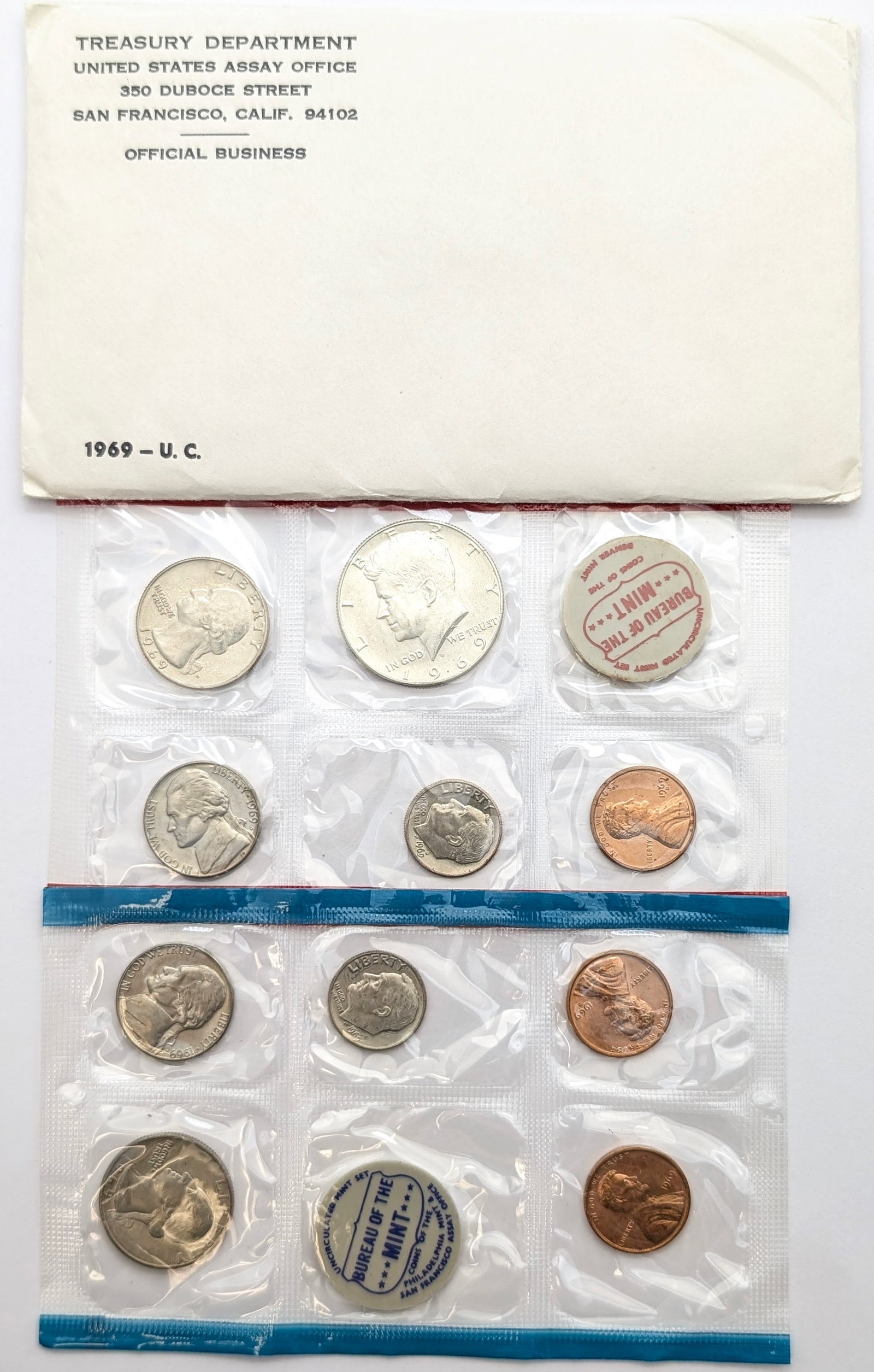 1969 US Mint Uncirculated Coin Set w/ Silver JFK Half: 40% Silver
