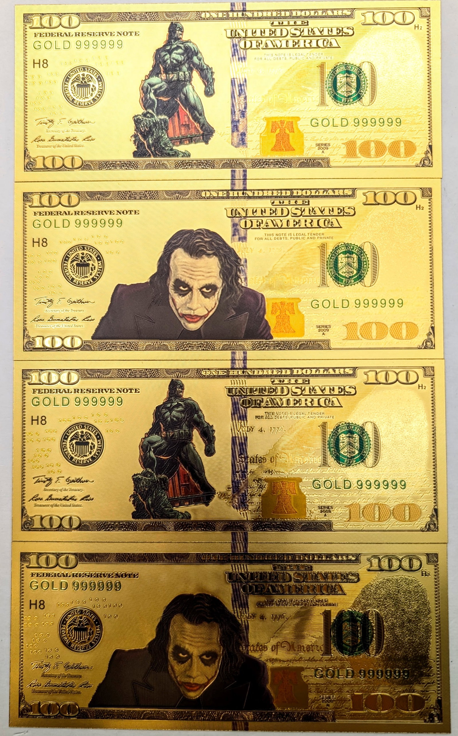 Lot of 4 Batman & Joker Gold foil $100 design: Gold Foils