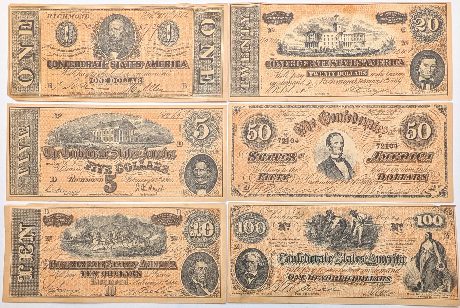 Lot of 6 Replica Confederate States of America Banknotes (1 of 2)