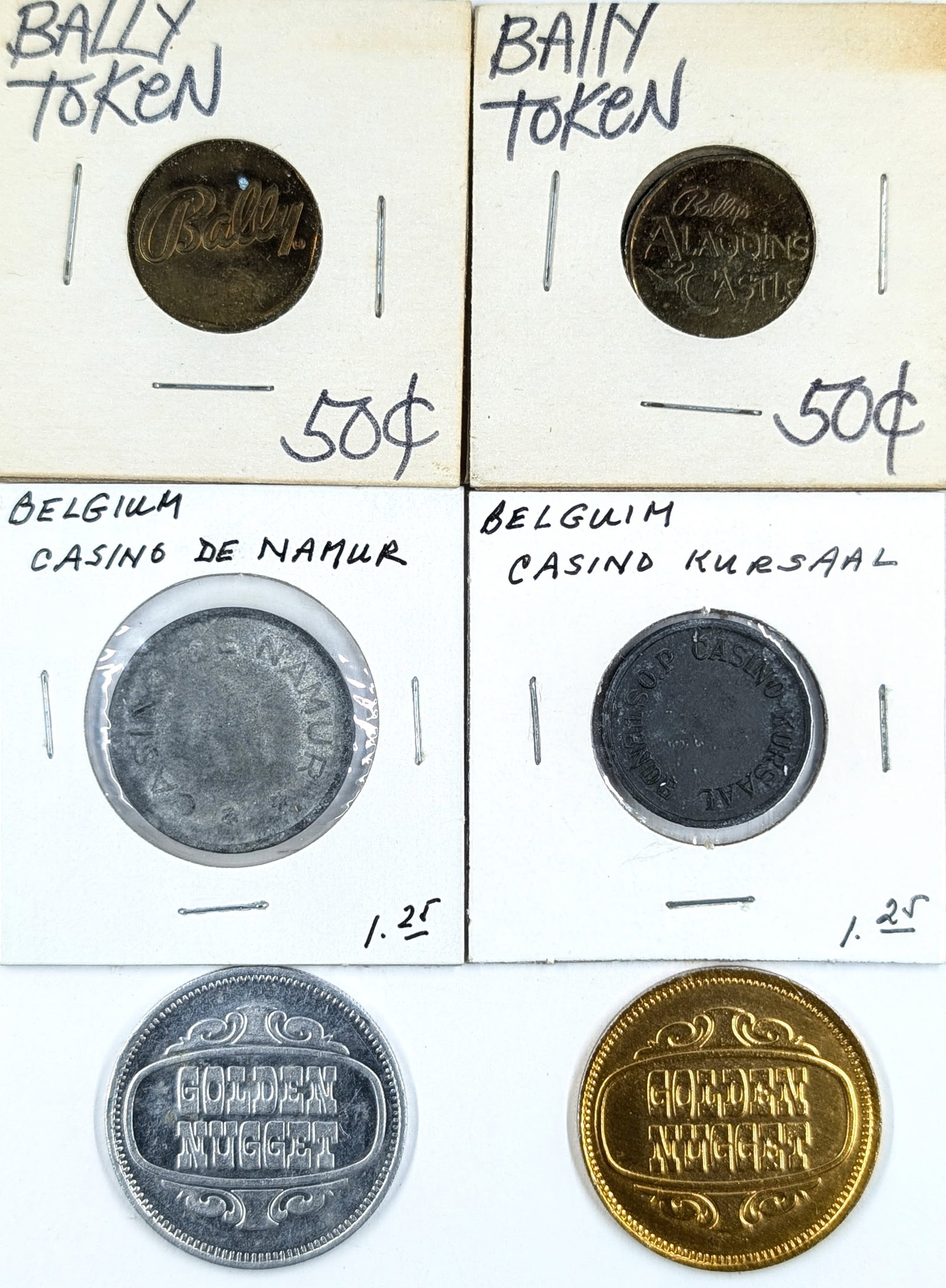 Lot of 6 Casino Tokens- Bally Token, Belgium Casino De Namur/Kursaal, Golden Nugget: _