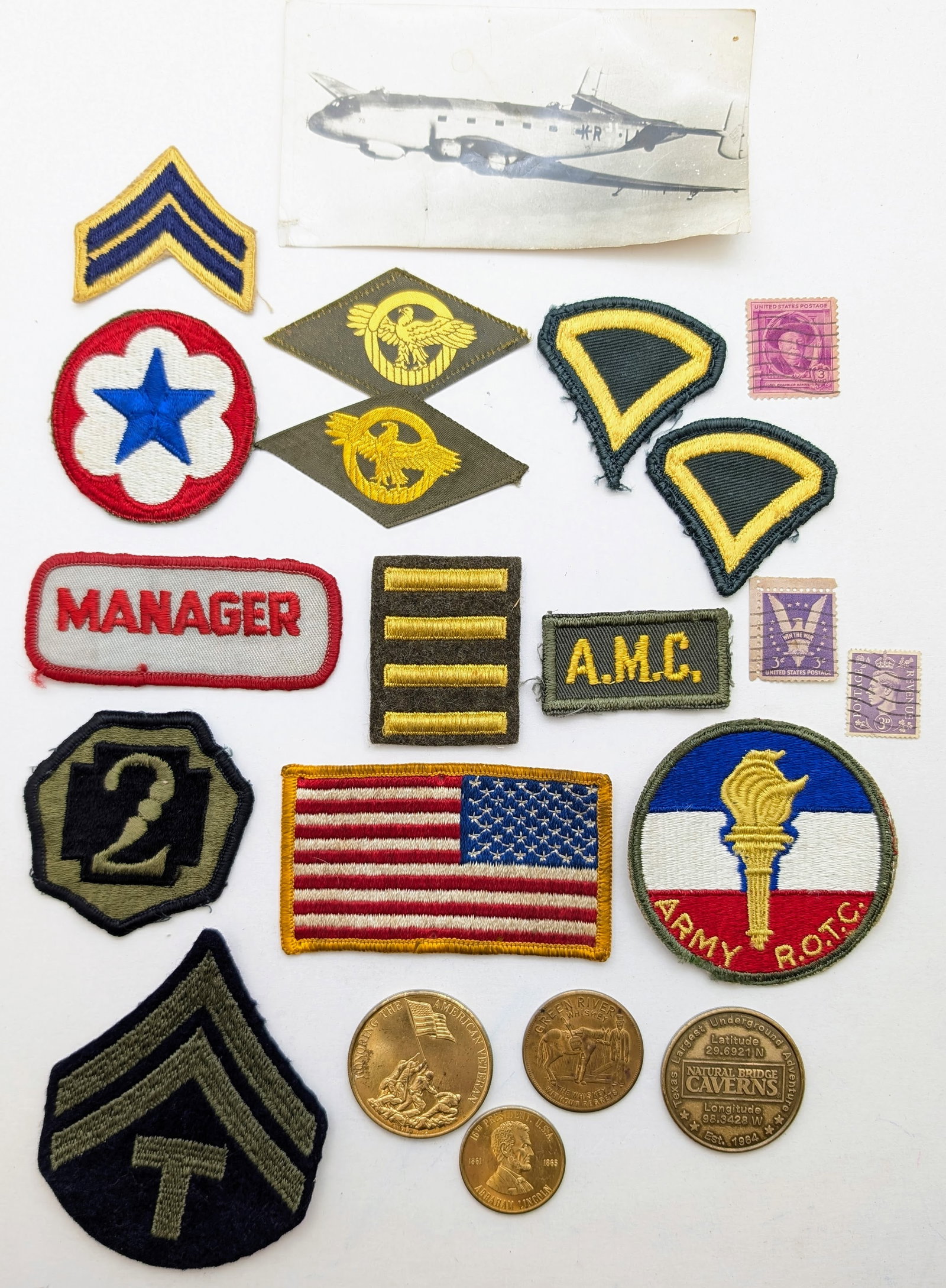 Large Lot of Military Patches, Stamps, Coins, & photo (1 of 5)