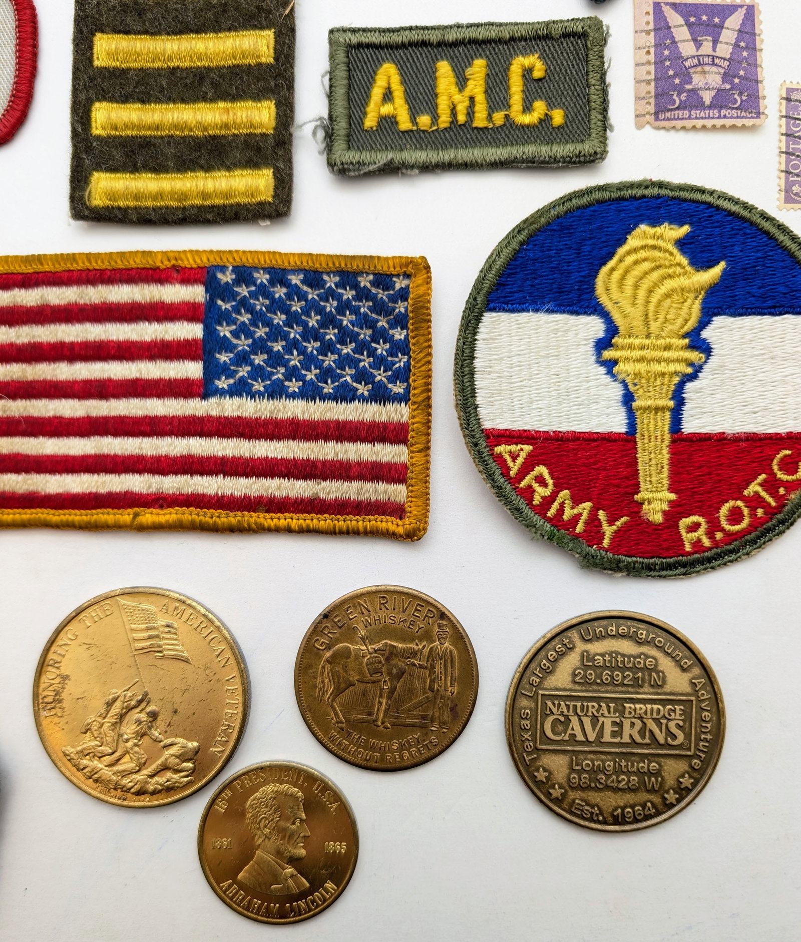 Large Lot of Military Patches, Stamps, Coins, & photo - 4