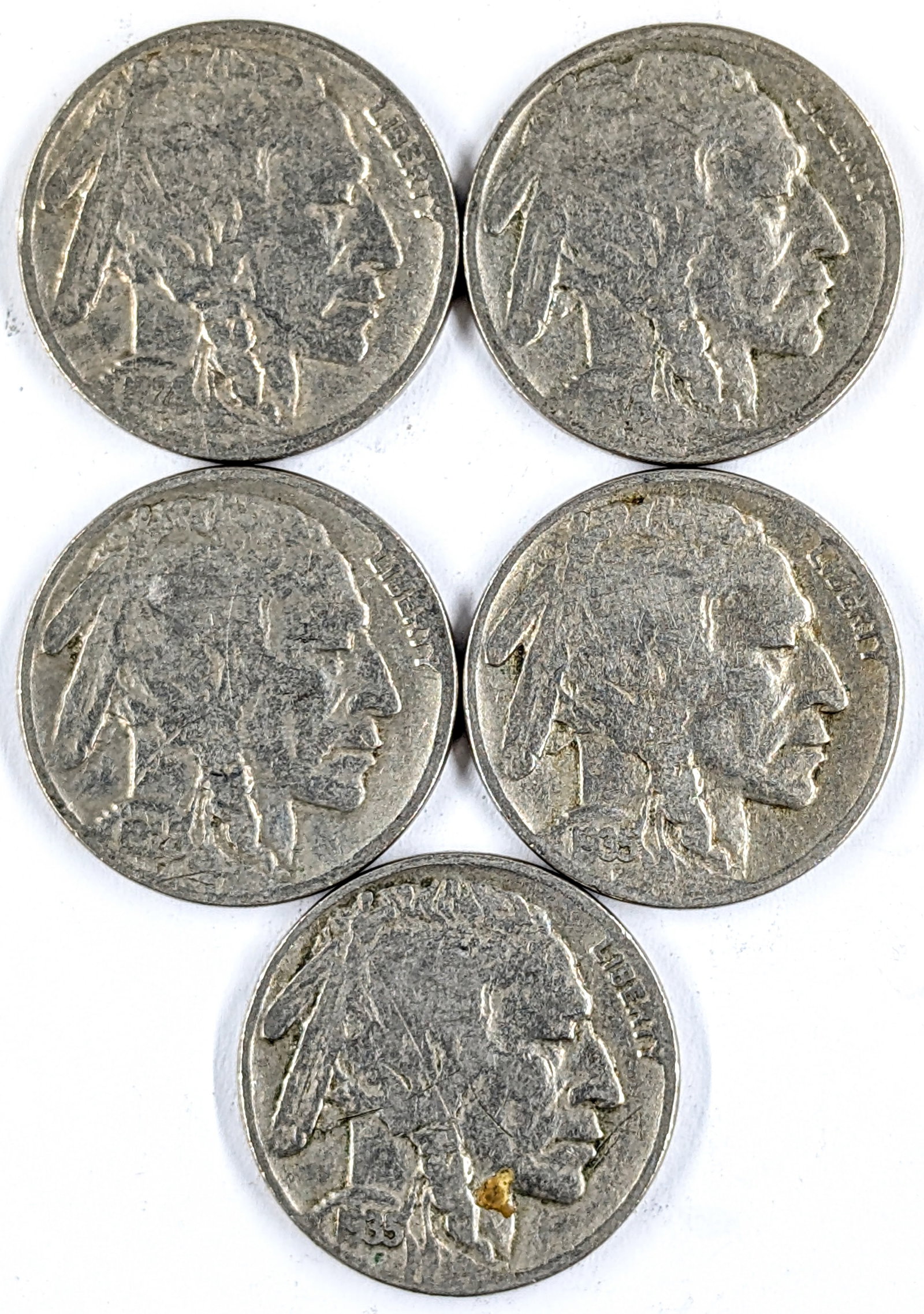 Lot of 5 Buffalo Head Nickels- 1927-1935: Coin