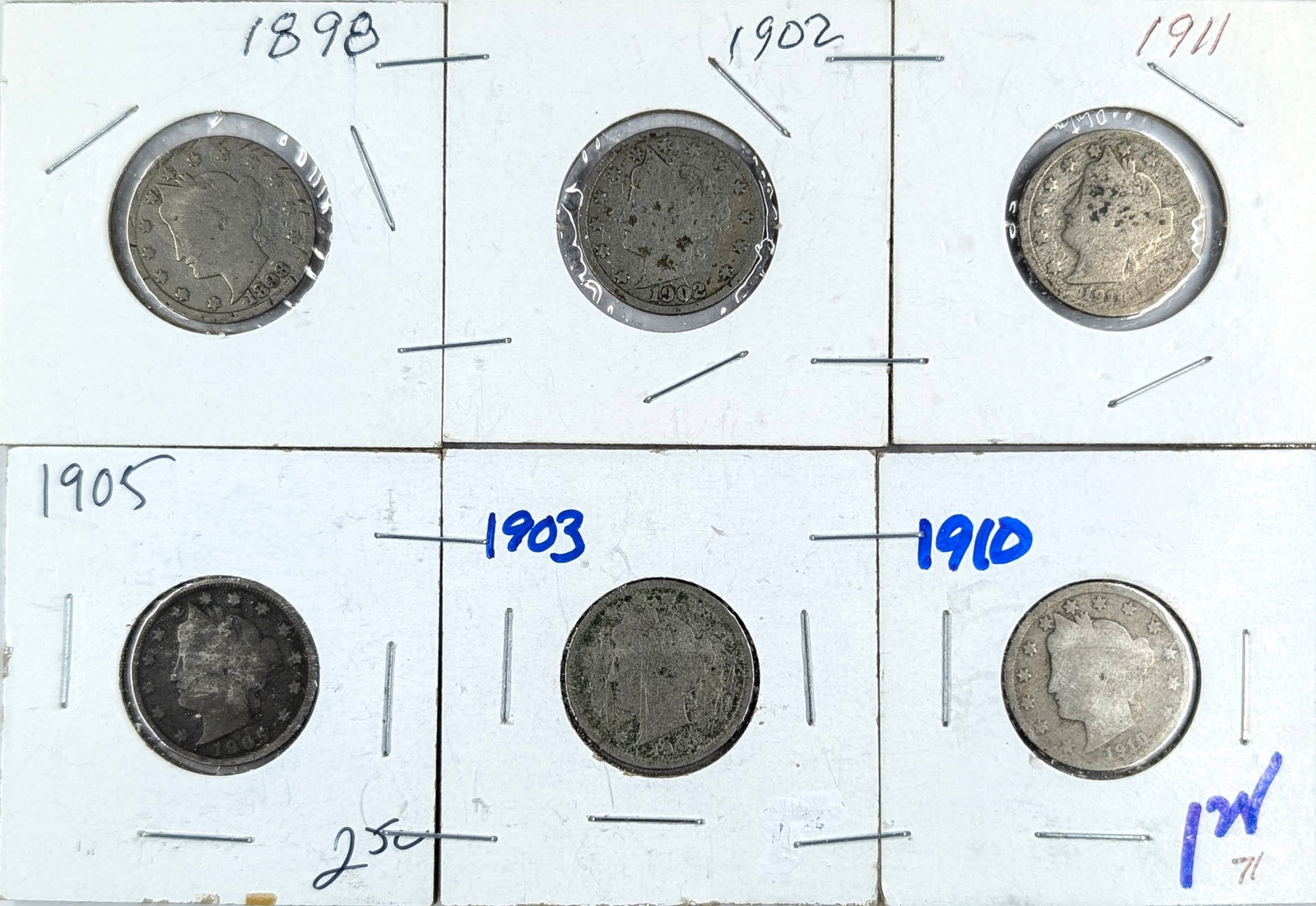 Lot of 6 Liberty V Nickels- 1898-1911: Coin