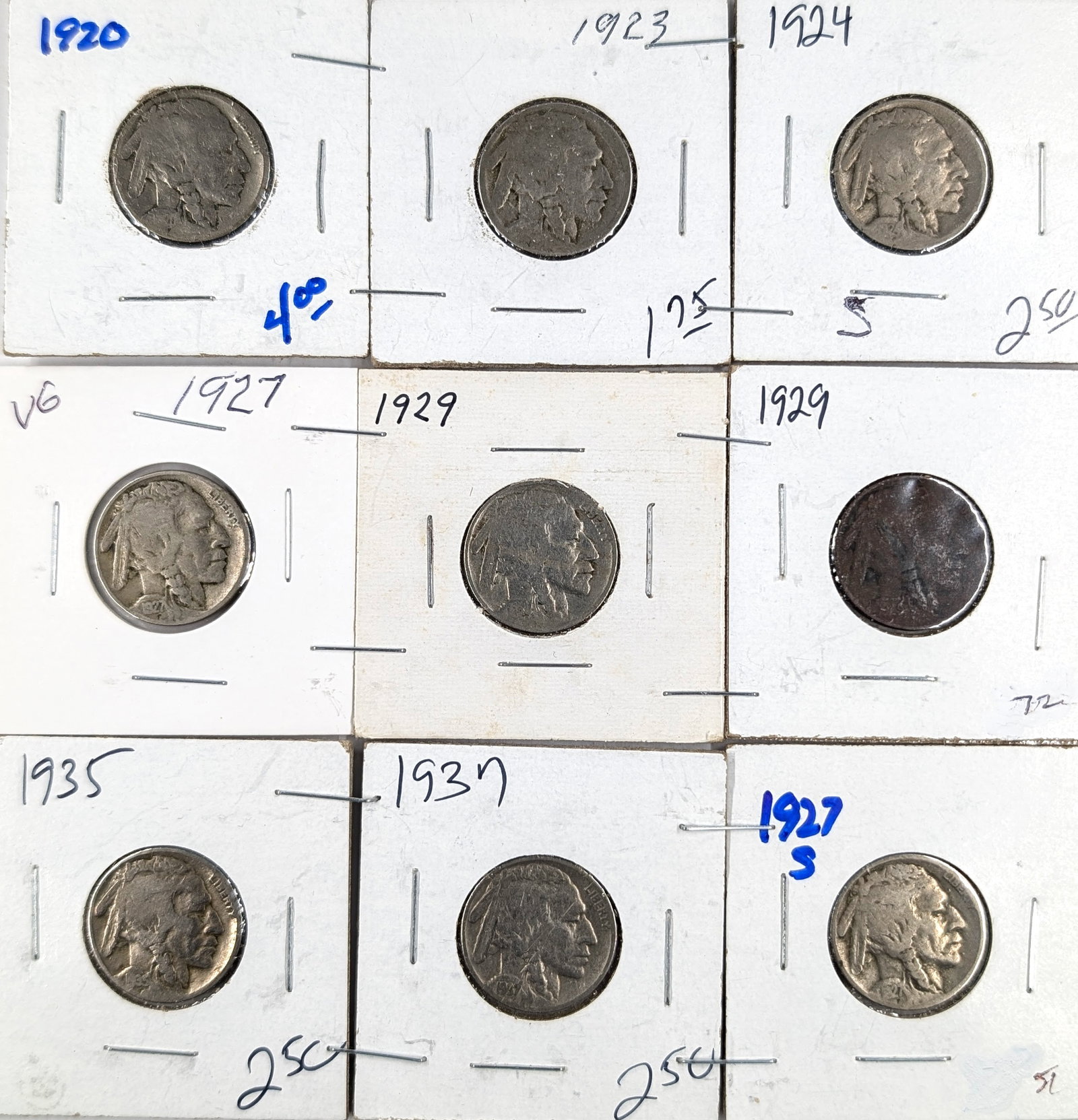 Lot of 9 Buffalo Head Nickels- 1920- 1937: Coin