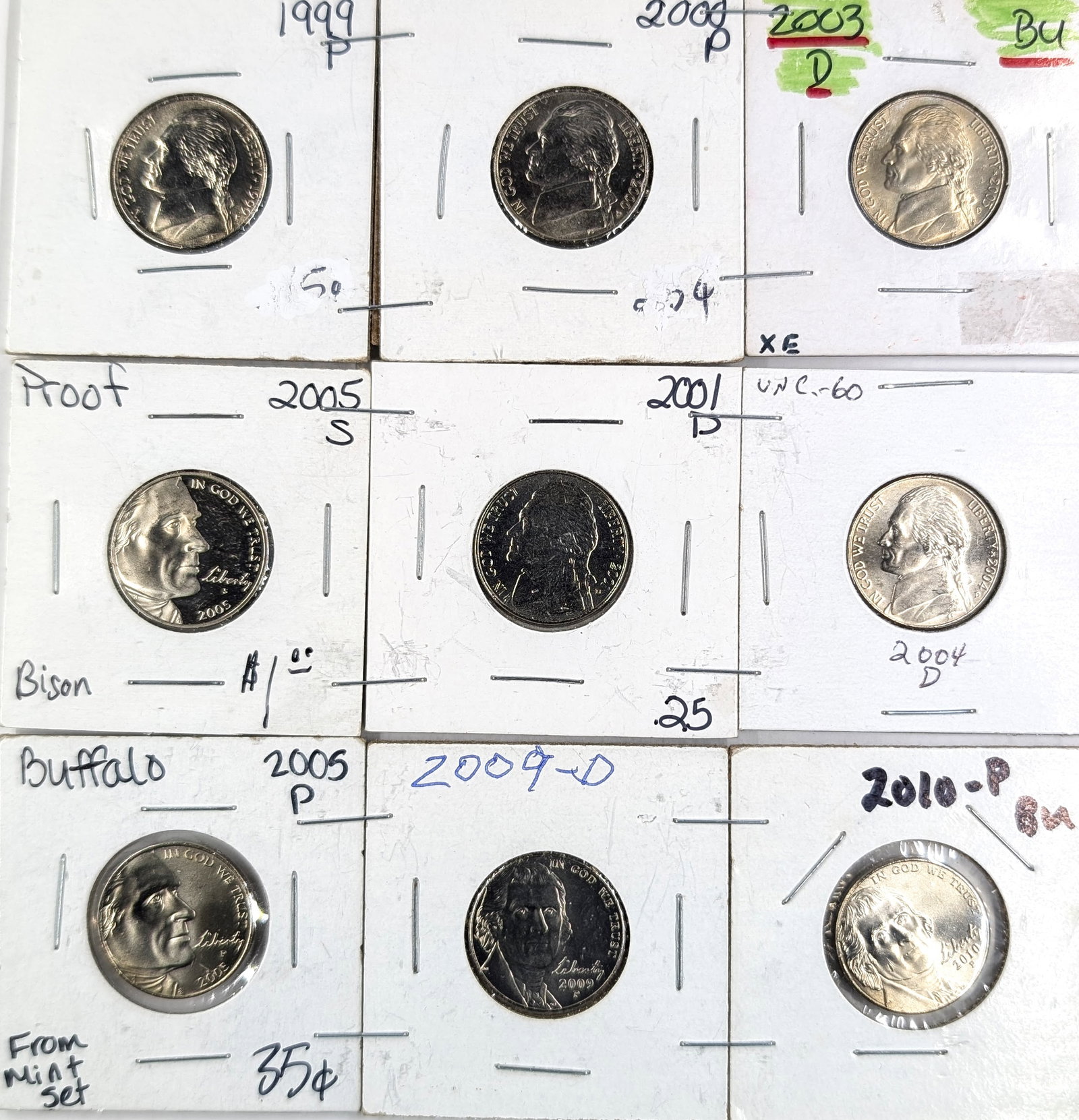 Lot of 9 Jefferson Nickels- 1999-2010: Uncirculated