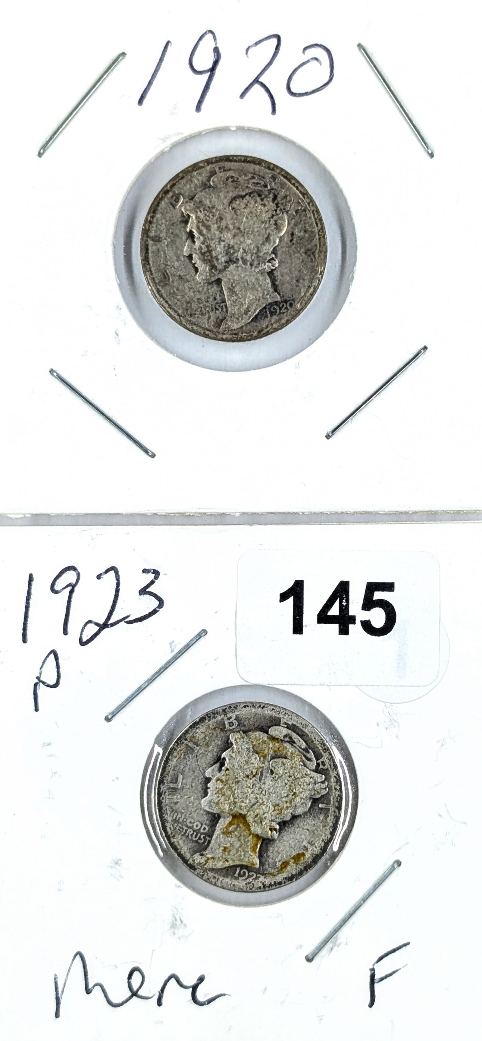 Lot of 2 Silver Mercury Dimes- 1920, 1923: Silver