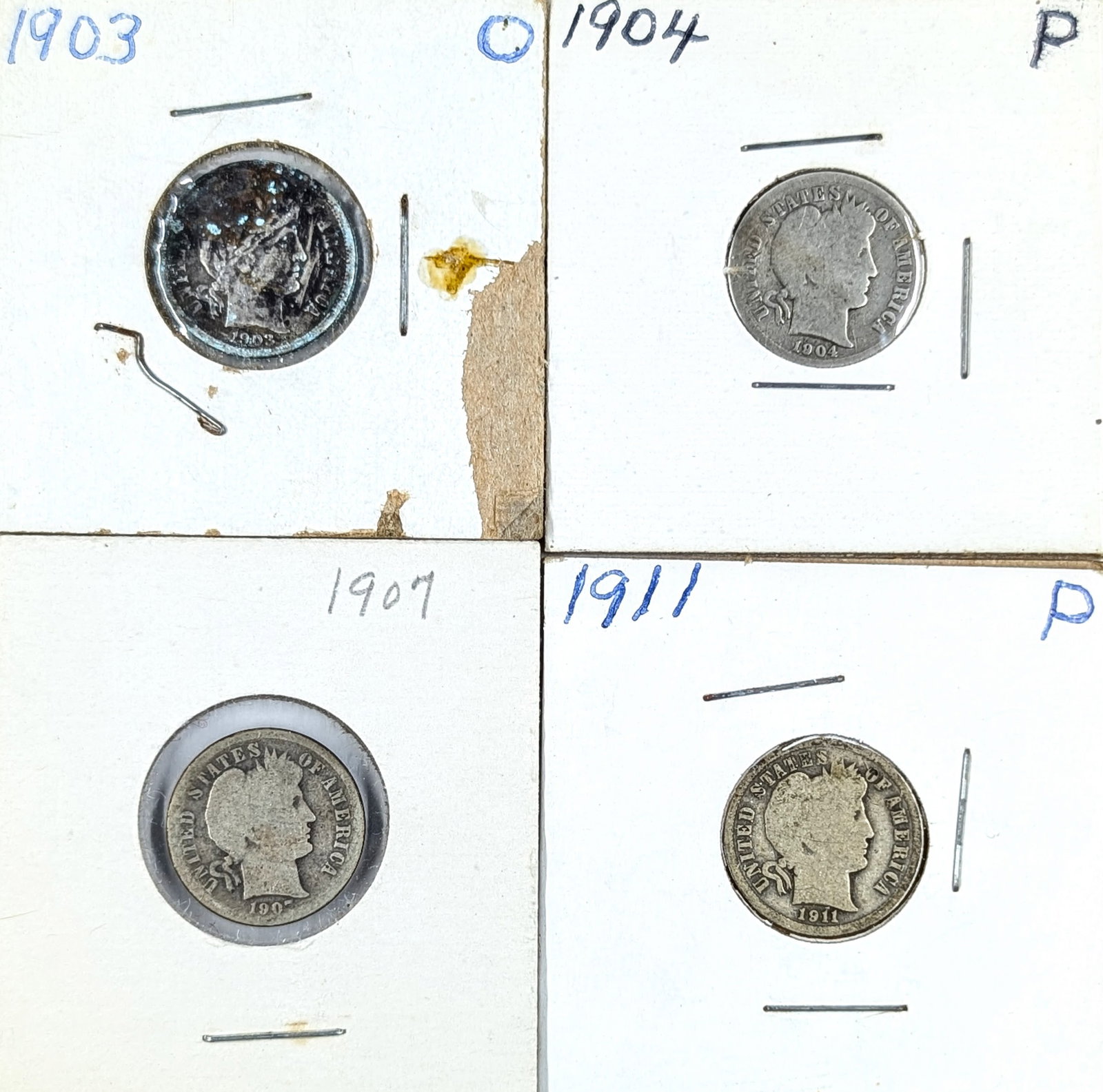 Lot of 4 Silver Barber Dimes- 1903-1911: Silver