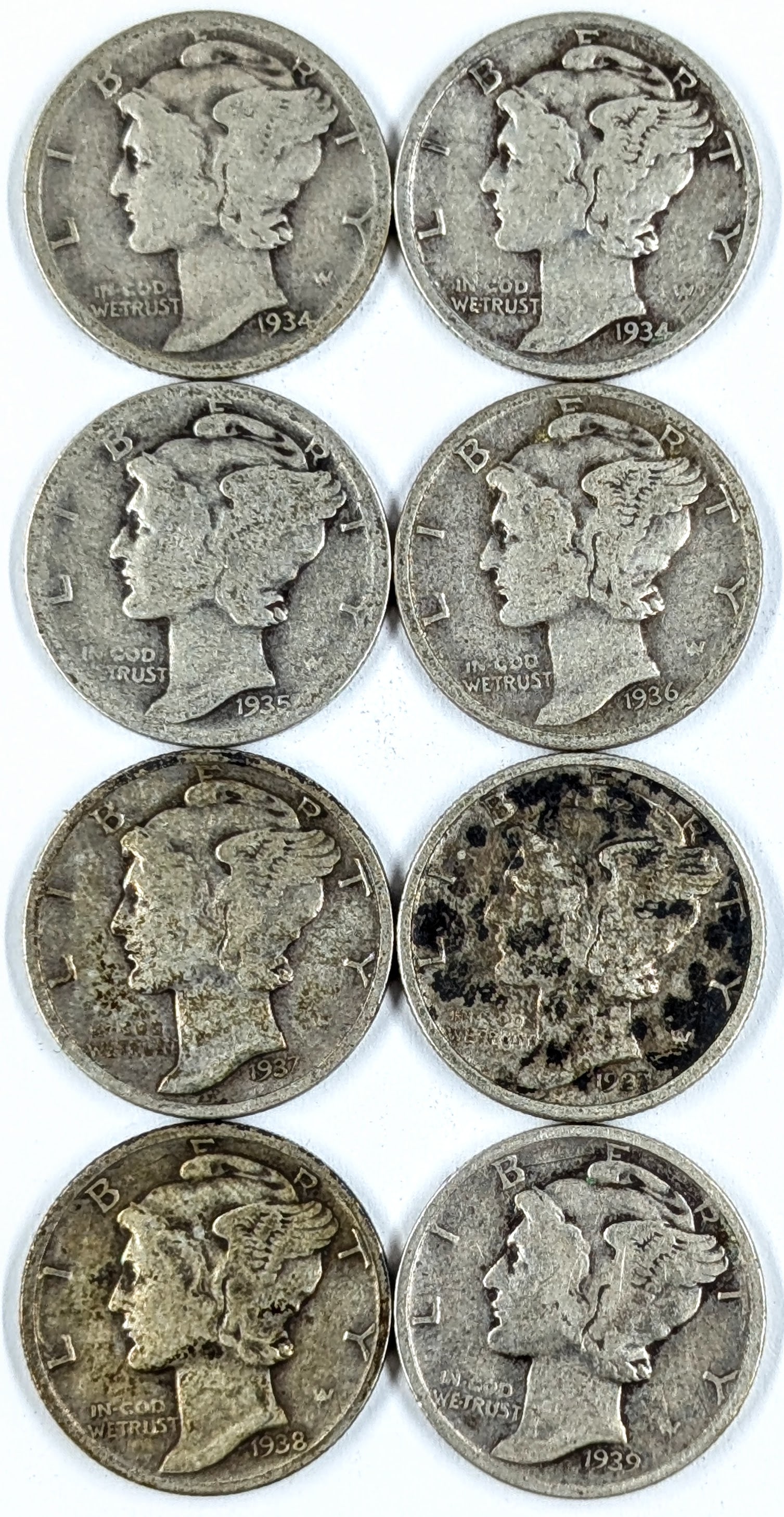 Lot of 8 Silver Mercury Dimes- 1934-1939: Silver