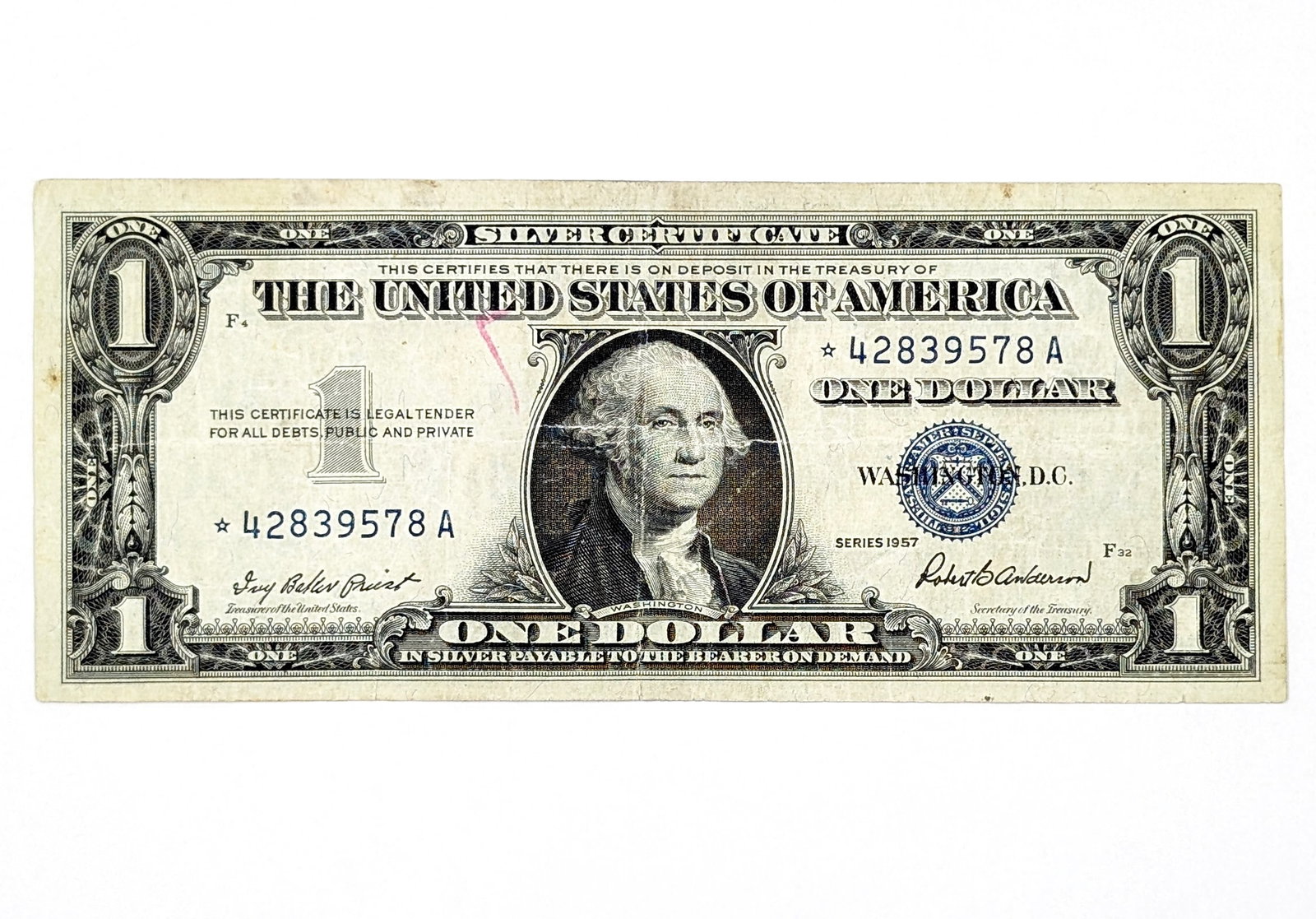 1957 $1 Note - Silver Certificate - Star Note: Circulated Condition