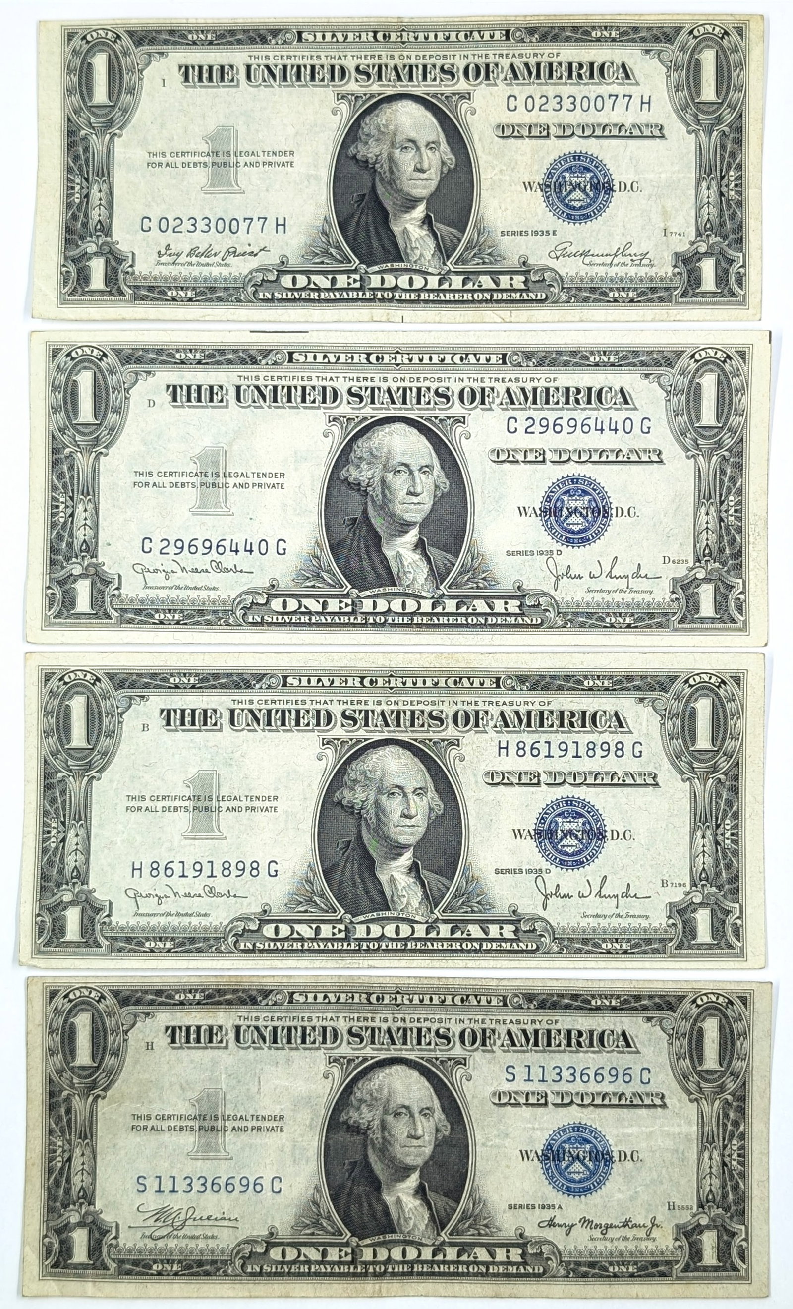 Lot of 4 1935 $1 Notes - Silver Certificates: Circulated Condition