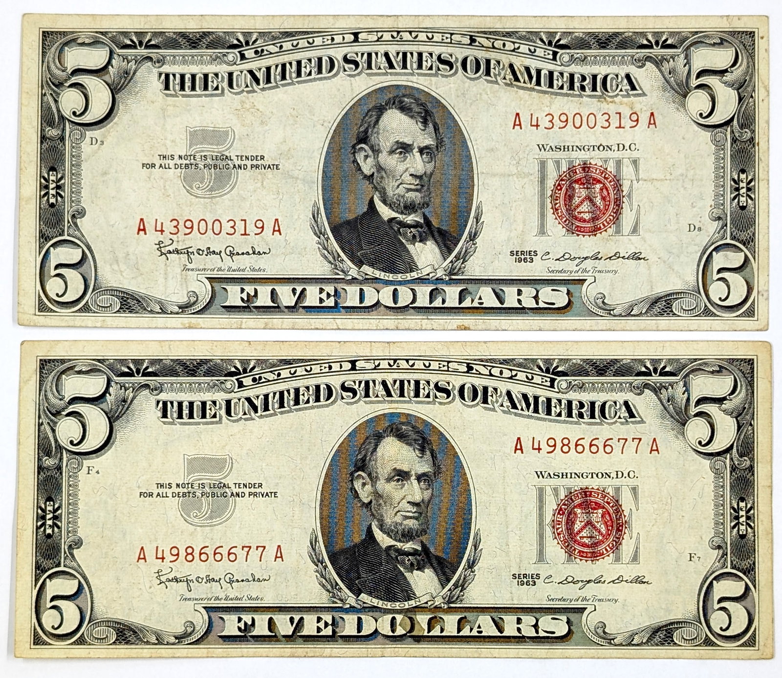 Lot of 2 1963 $5 Note - Red Seal: Circulated Condition