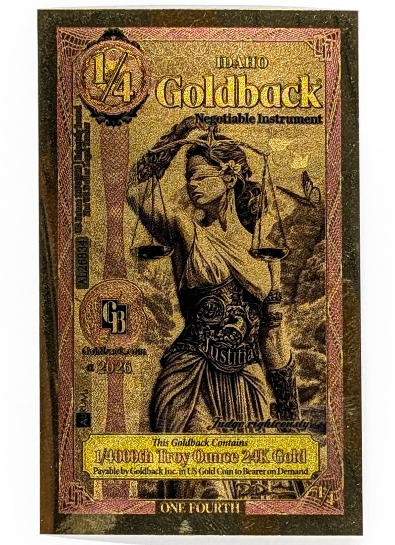 2026 1/4 Idaho Goldback 1/2000th Troy Ounce 24K Gold: Goldback