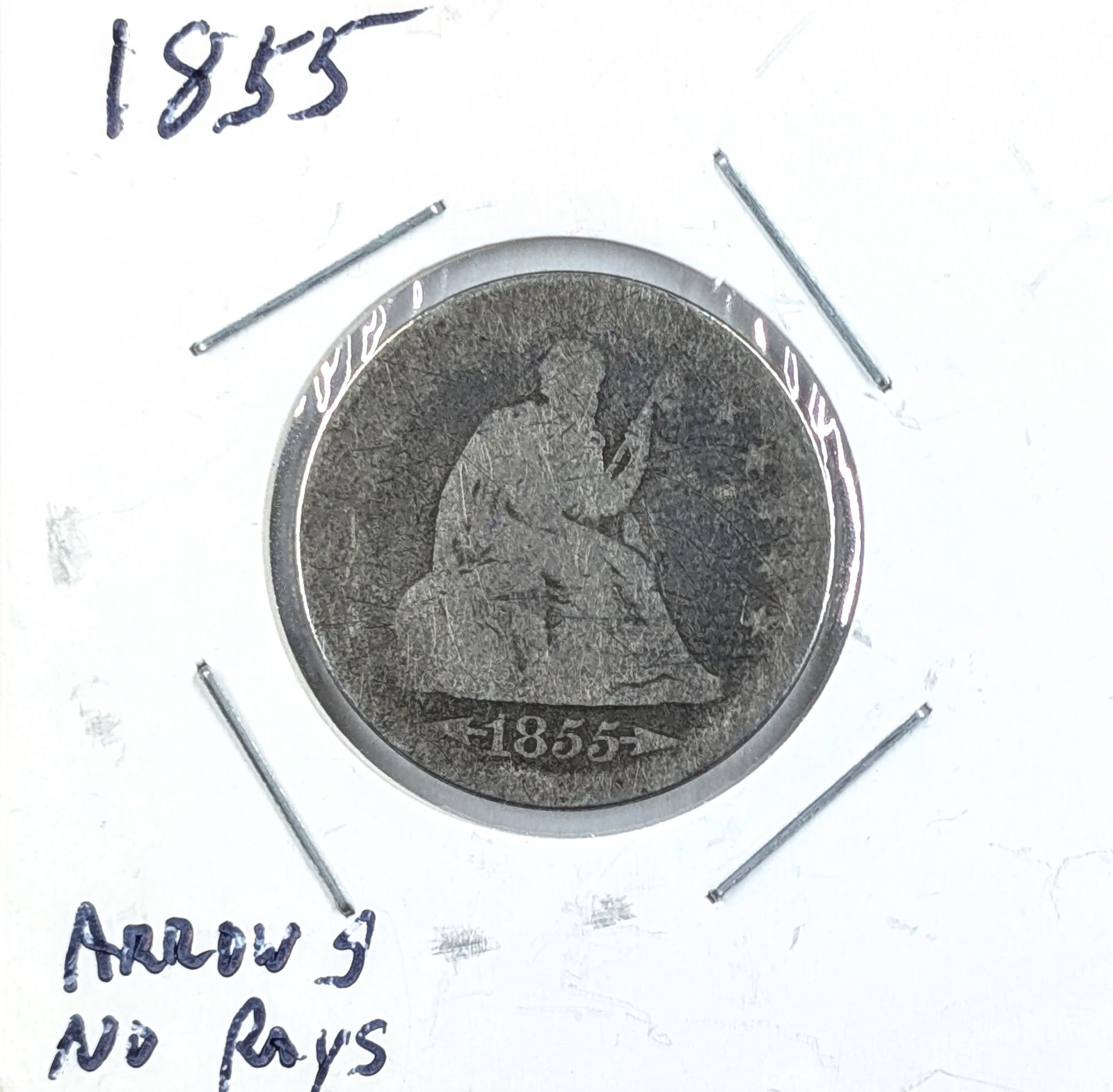 1855 Silver Liberty Seated Quarter- Arrows, No Rays: Silver