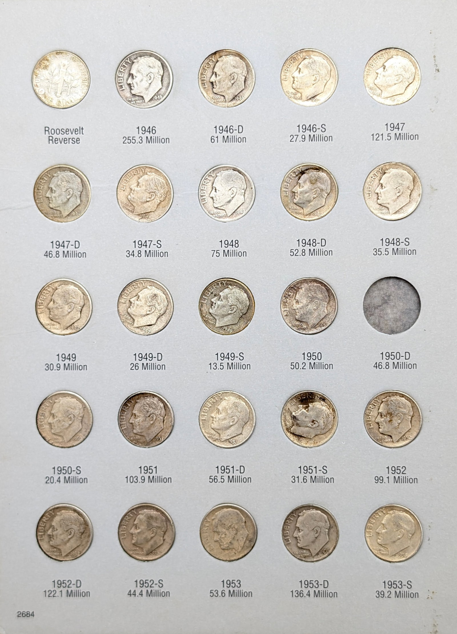 Roosevelt Dimes 1946-1964 Book w/ 73 Dimes - 47 Dimes are Silver - 2