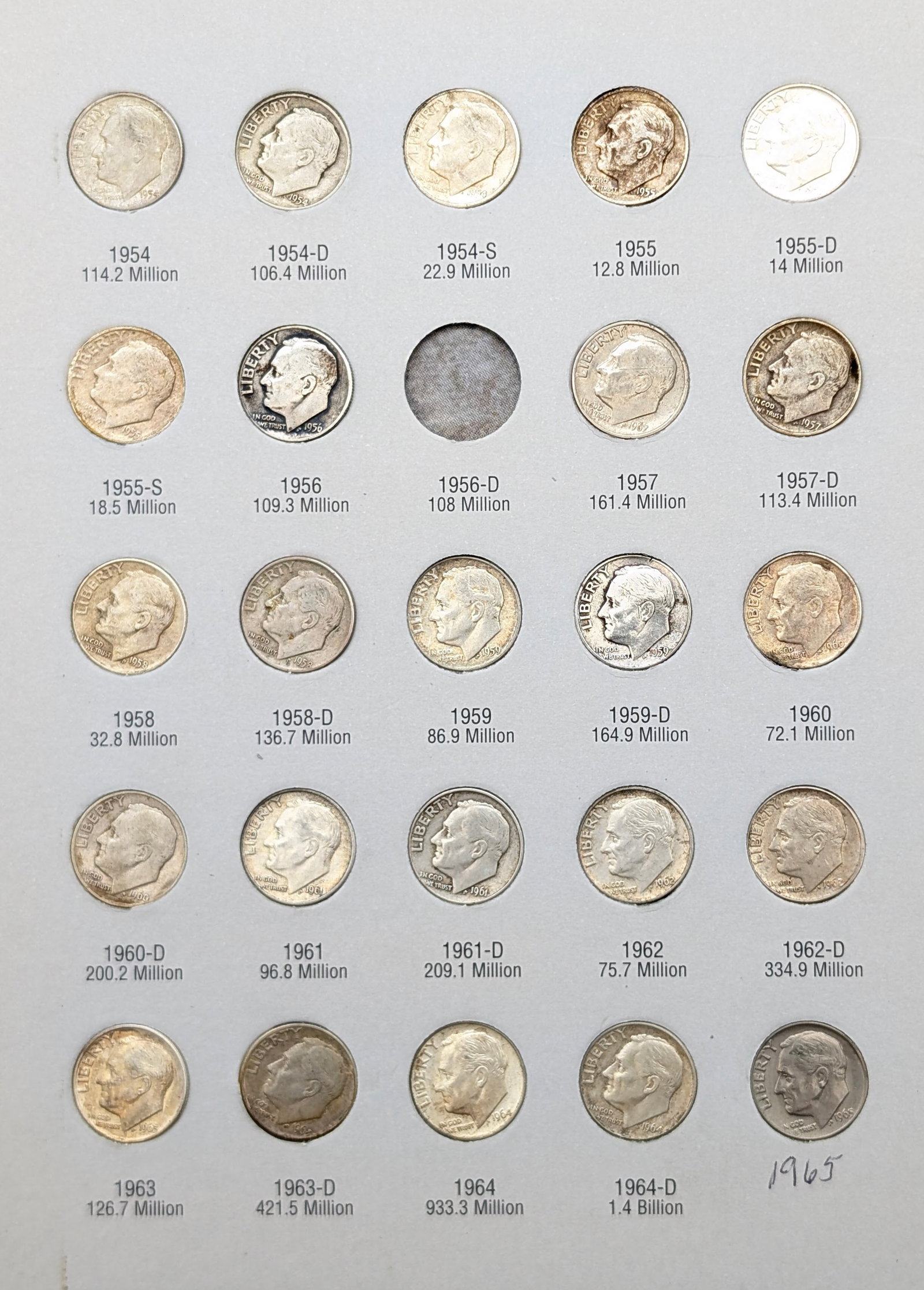 Roosevelt Dimes 1946-1964 Book w/ 73 Dimes - 47 Dimes are Silver - 3