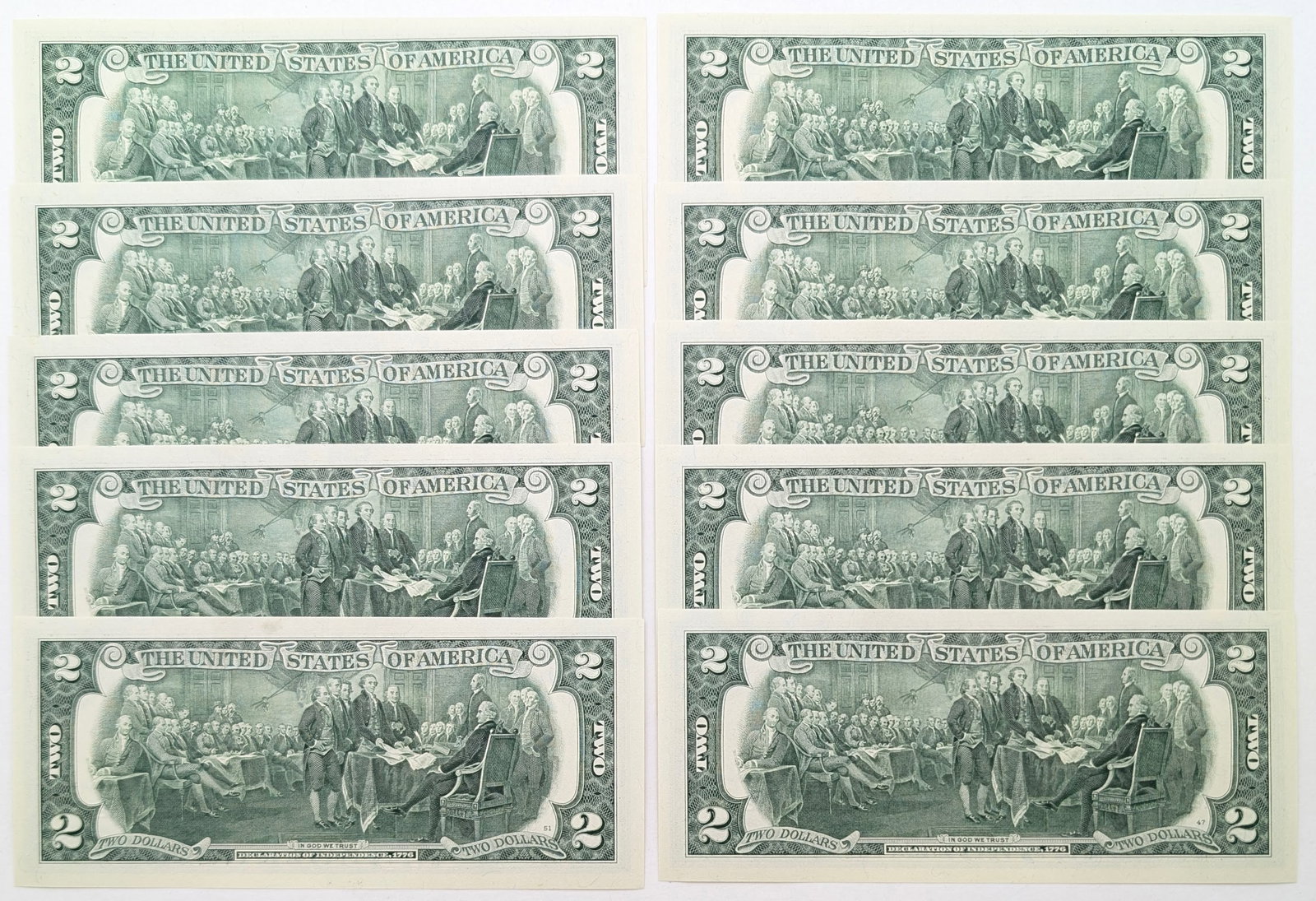 Lot of 10 Sequential 2013 Uncirculated $2 Notes - Green Seals - 2