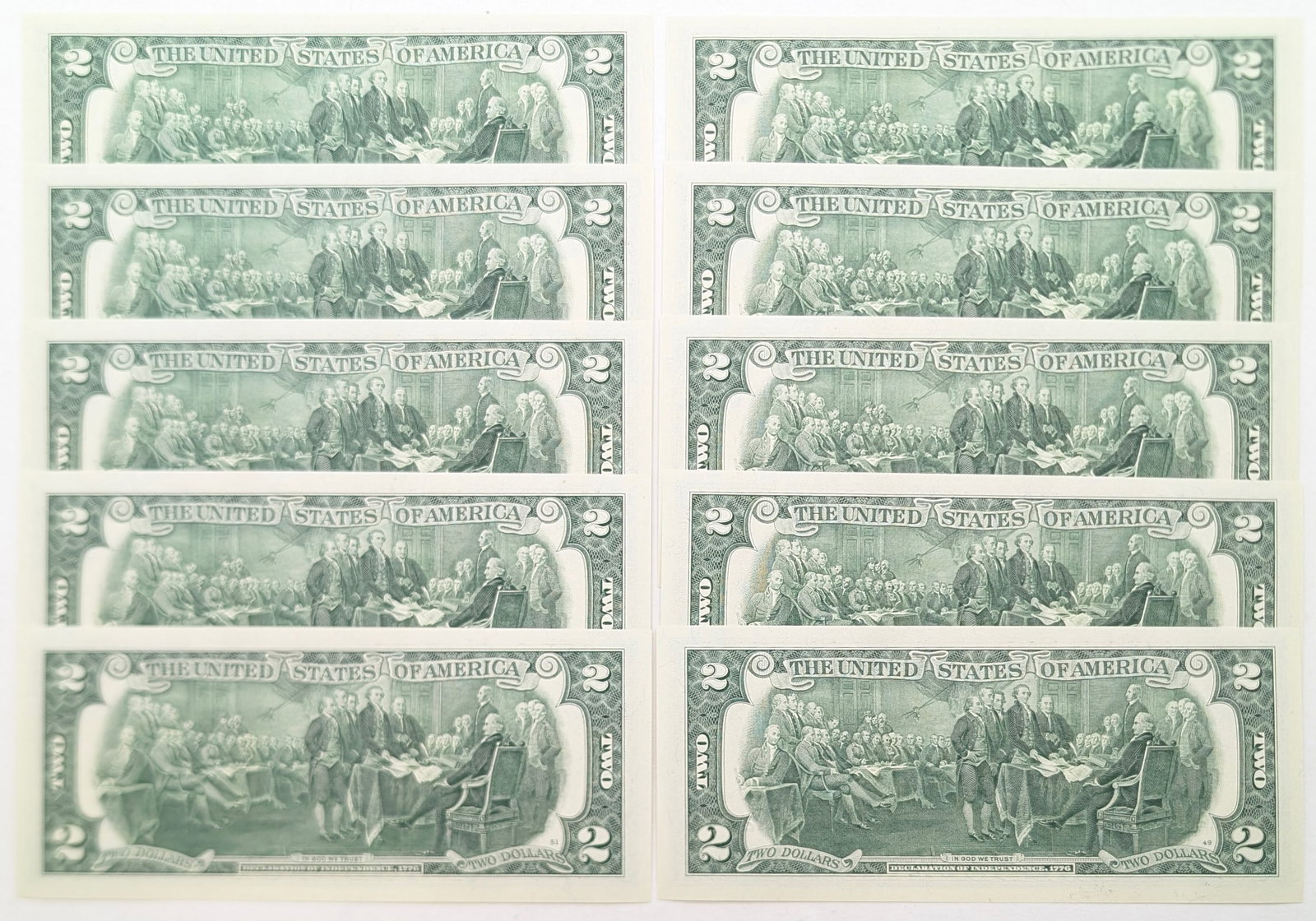 Lot of 10 Sequential 2013 Uncirculated $2 Notes - Green Seals - 2
