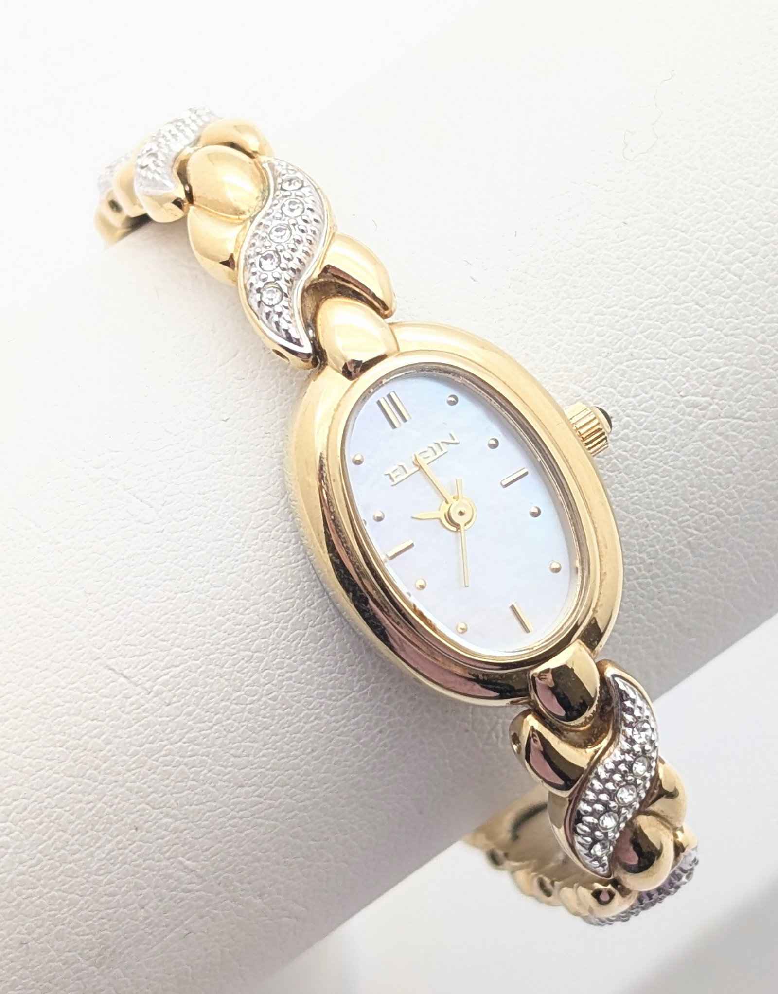 Elgin Gold-tone & Rhinestone Quartz Ladies Watch w/ Mother of Pearl Face - Runs! - 2