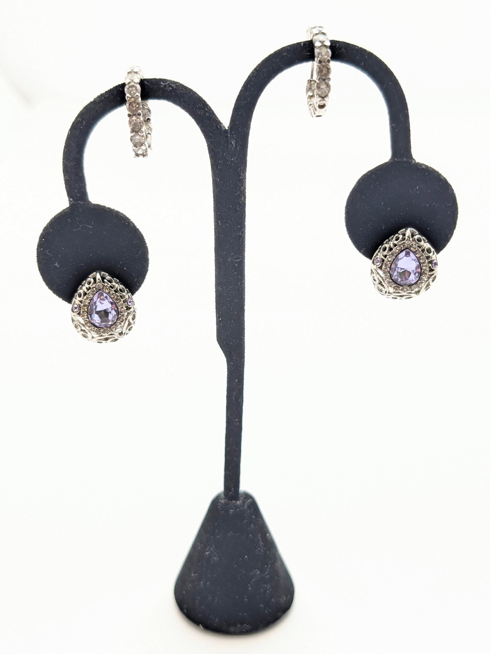 Lot of 2 Sterling Silver Earrings - Purple Teardrops & Small Hoops - 2
