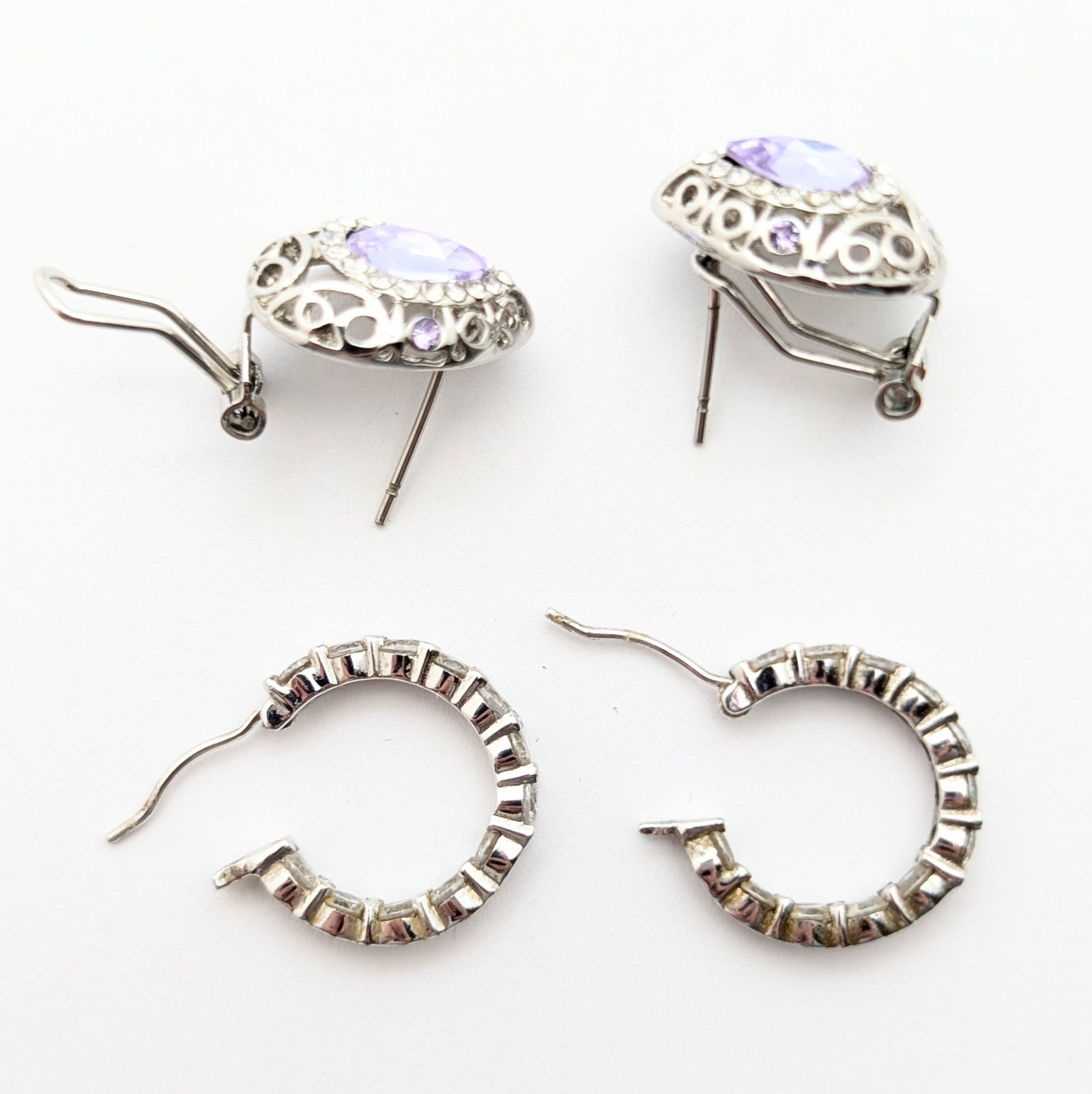 Lot of 2 Sterling Silver Earrings - Purple Teardrops & Small Hoops - 3