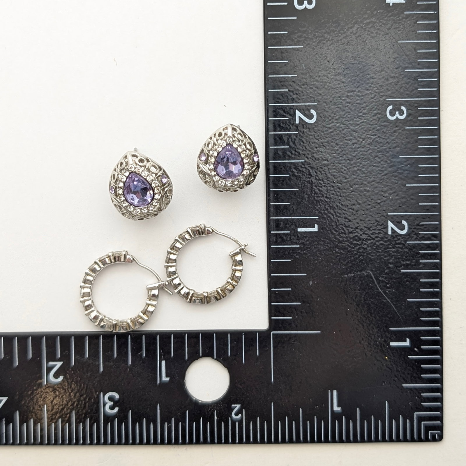 Lot of 2 Sterling Silver Earrings - Purple Teardrops & Small Hoops - 5