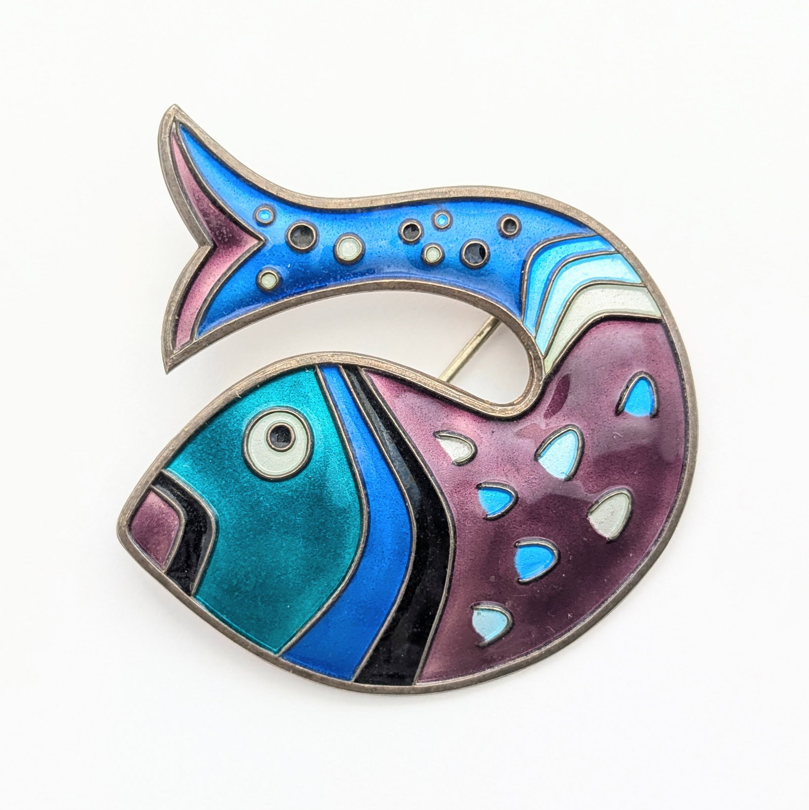Sterling Silver Blue & Purple Enamel Fish Brooch - 2