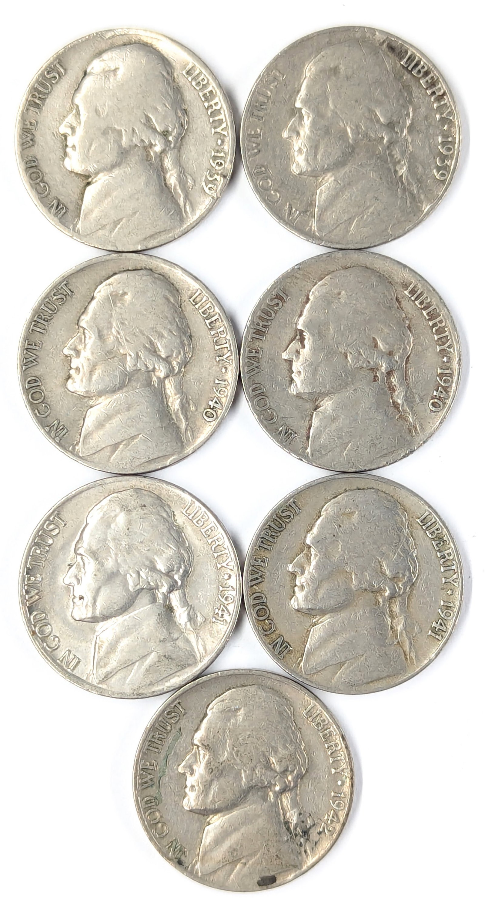 Lot of 7 Jefferson Nickels - 1939-1942: Coin