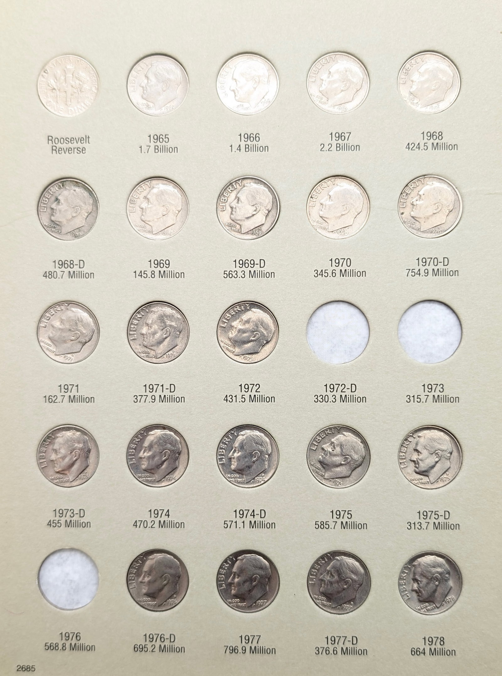 Roosevelt Dime 1965-2003 Book w/ 66 Dimes - 2