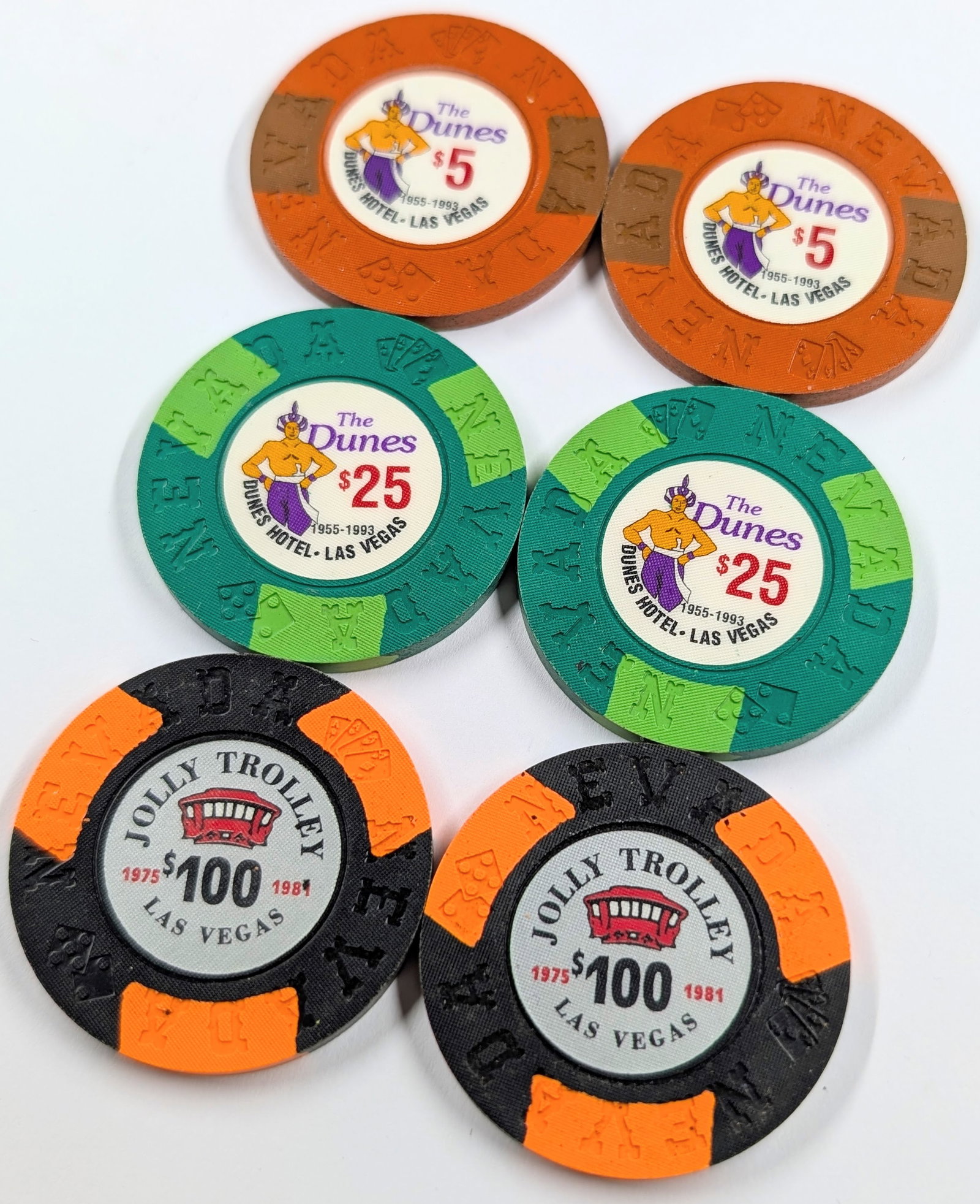 Lot of 6 Casino Tokens - The Dunes, Jolly Trolley - 2