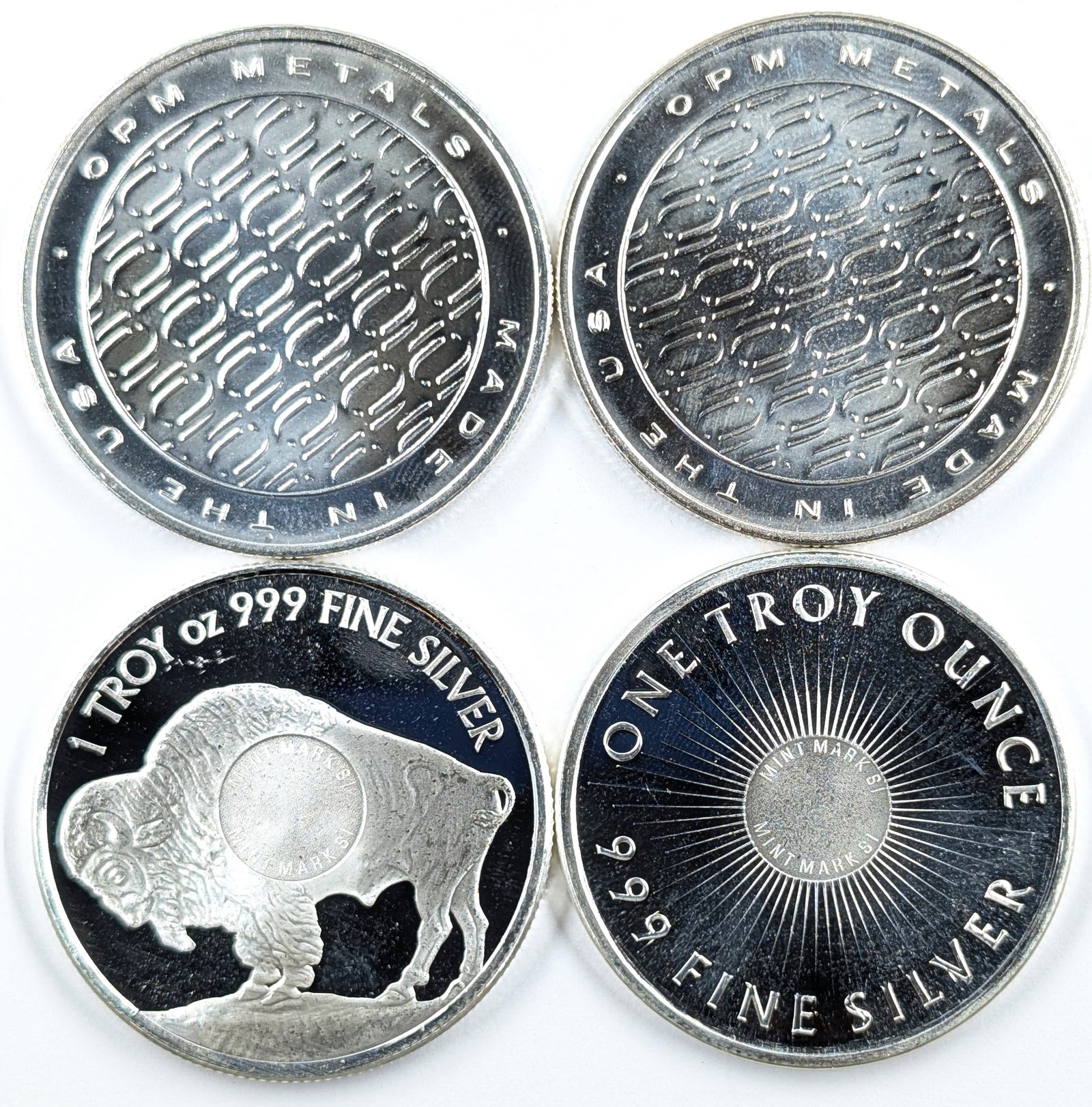 Lot of 4 - 1 Ounce (each) Fine .999 Silver Rounds - OPM, Sunshine, Buffalo - 2