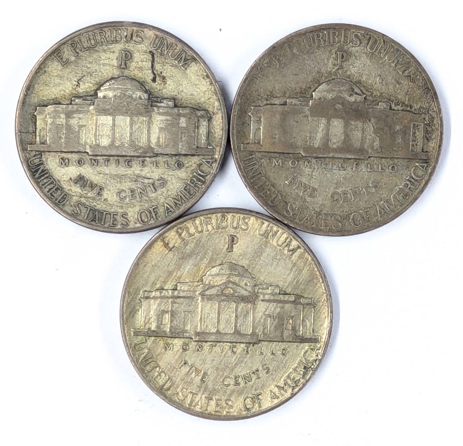 Lot of 3 Silver War Nickels - All 1943-P - 2