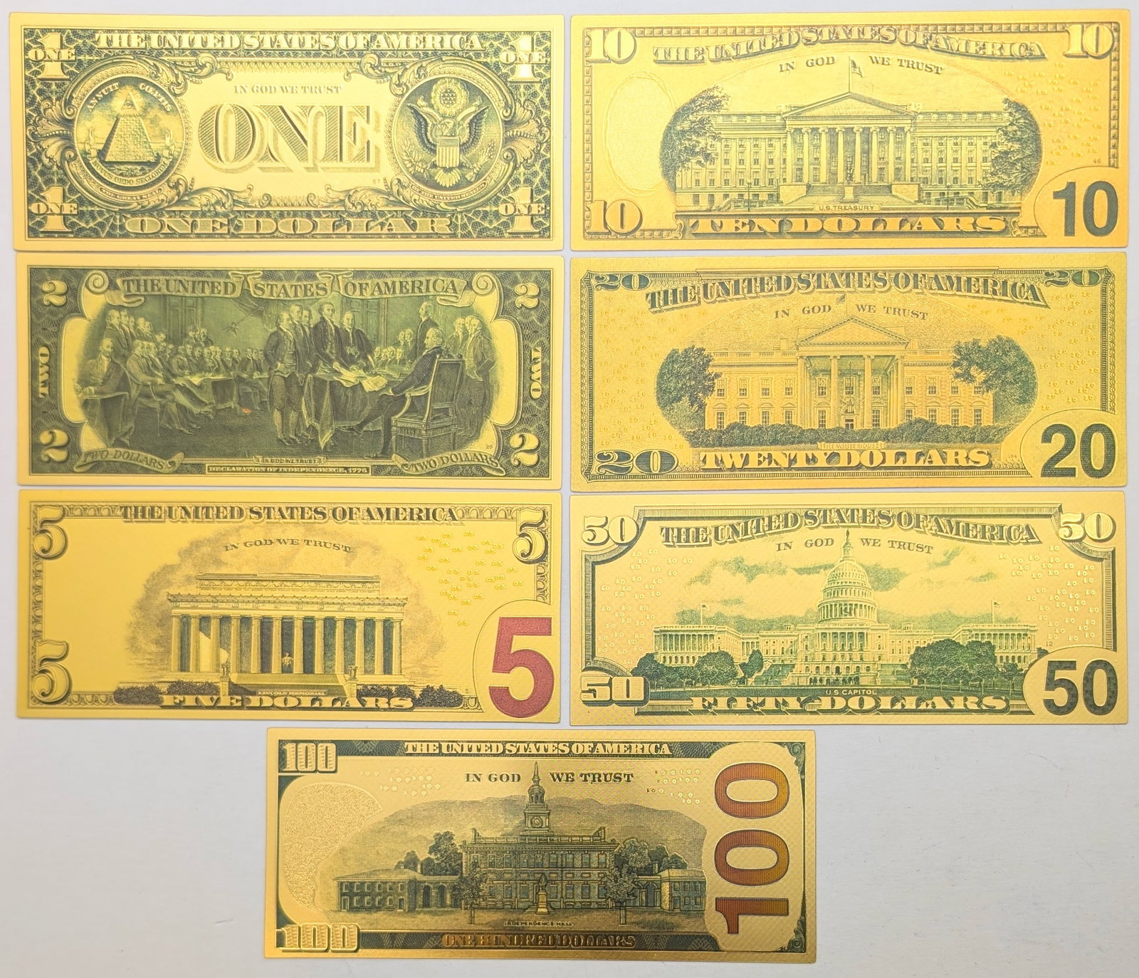 Lot of 7 Donald Trump Gold foil design - Various Amounts - 2