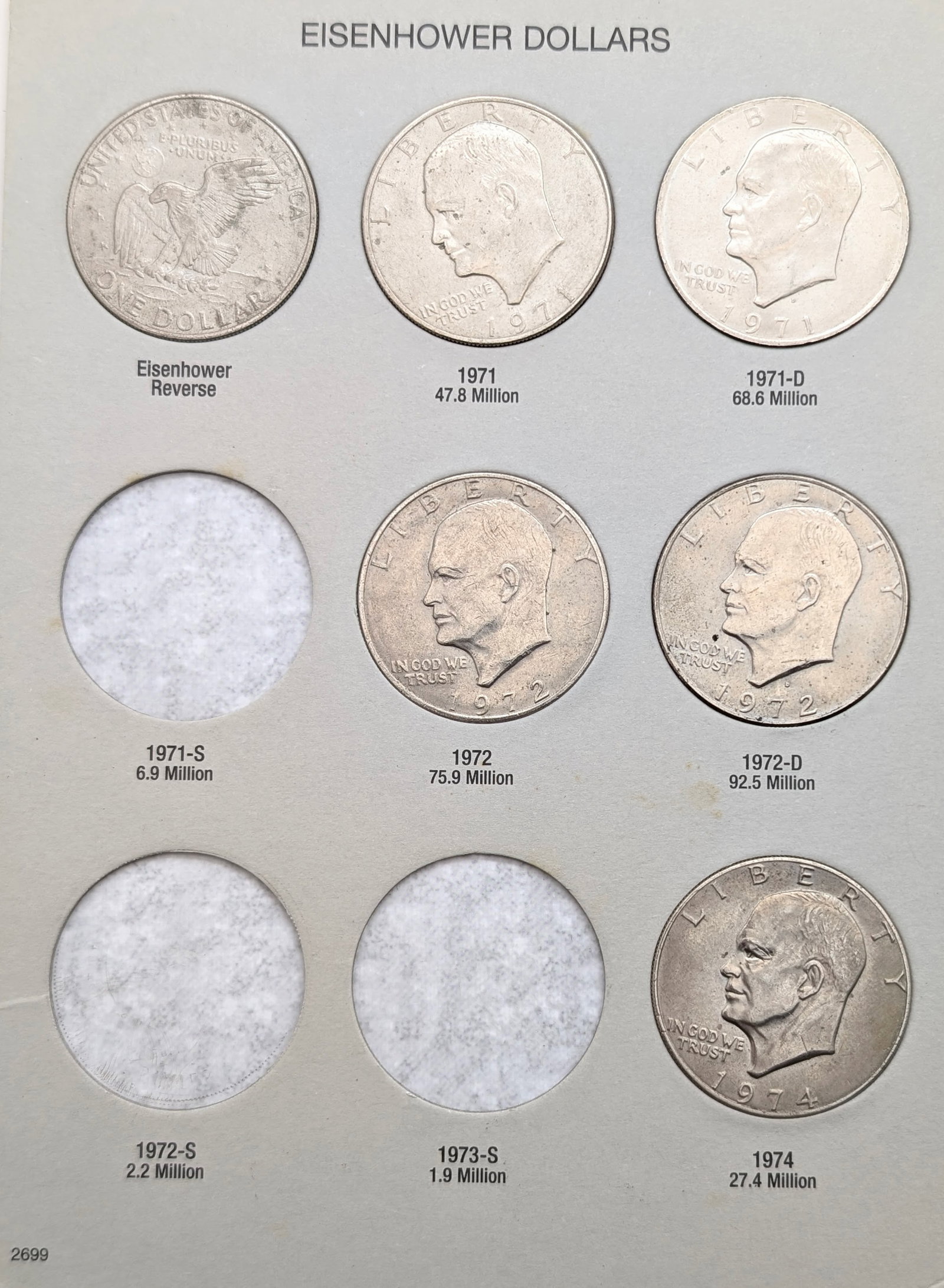 Eisenhower & Susan B Anthony Dollars 1971-1999 Book w/ 17 Coins - 2