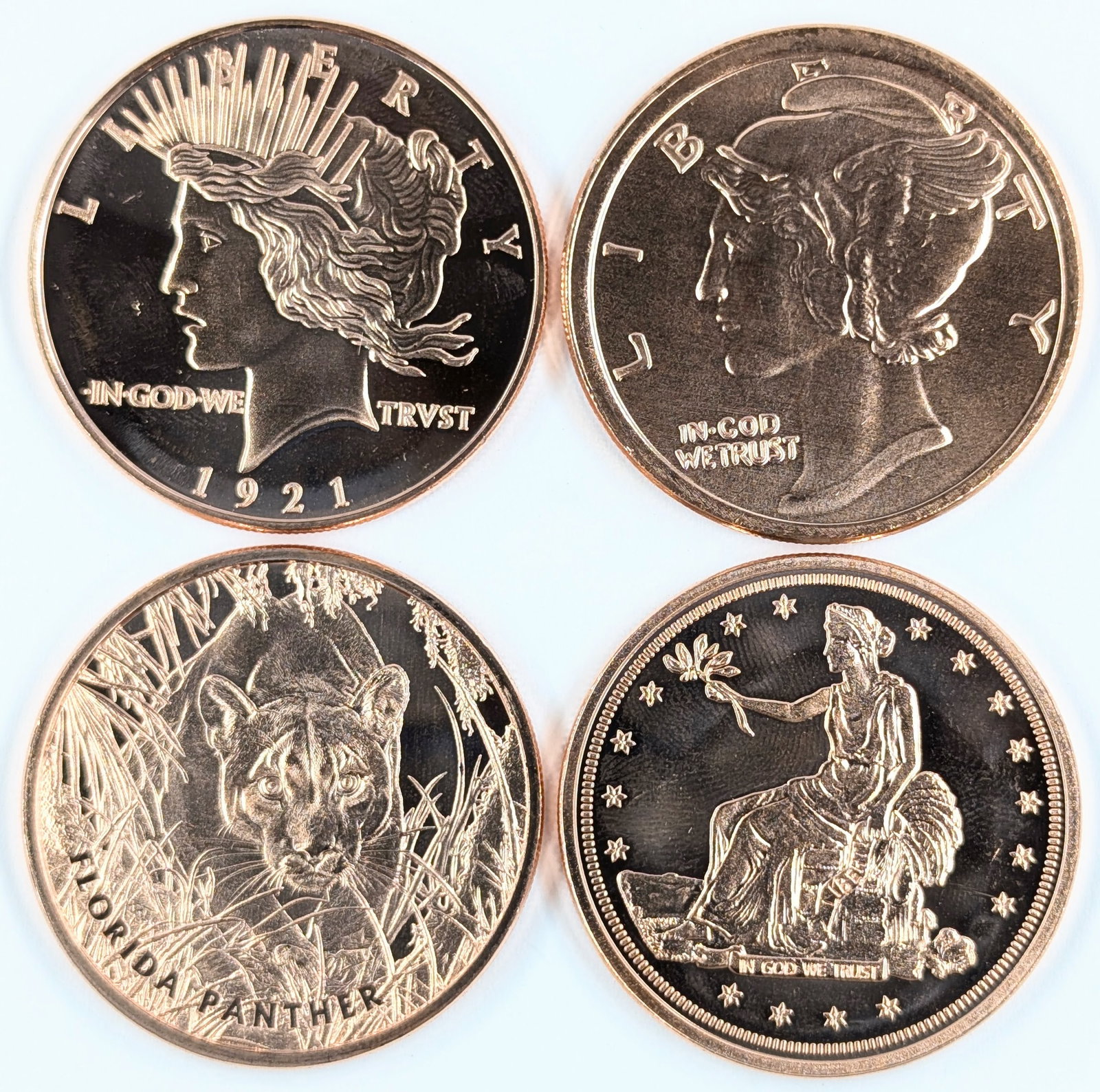 Lot of 4 - 1 Ounce (each) Fine .999 Copper Rounds - Liberty, Panther, etc.: Copper