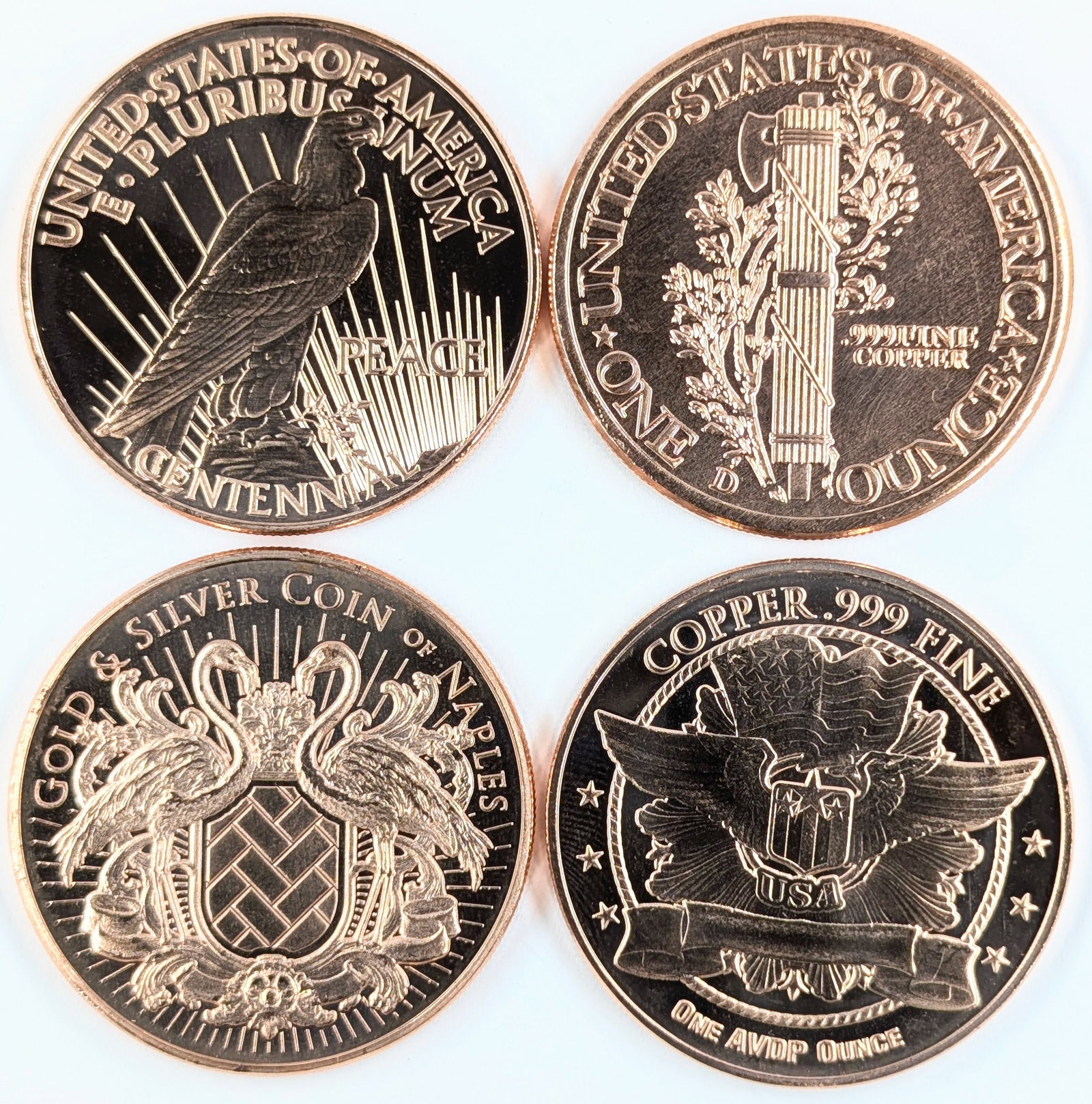 Lot of 4 - 1 Ounce (each) Fine .999 Copper Rounds - Liberty, Panther, etc. - 2