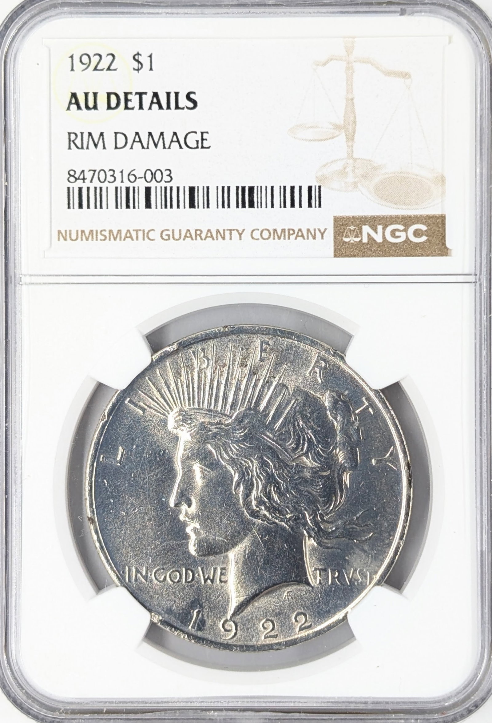 NGC 1922 AU Silver Peace Dollar: Details - Rim Damage