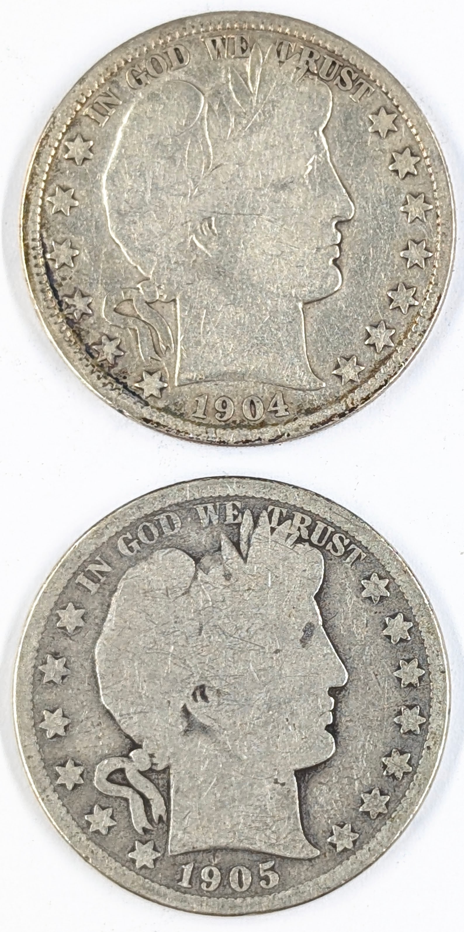 Lot of 2 Silver Barber Half Dollars - 1904, 1905: Silver